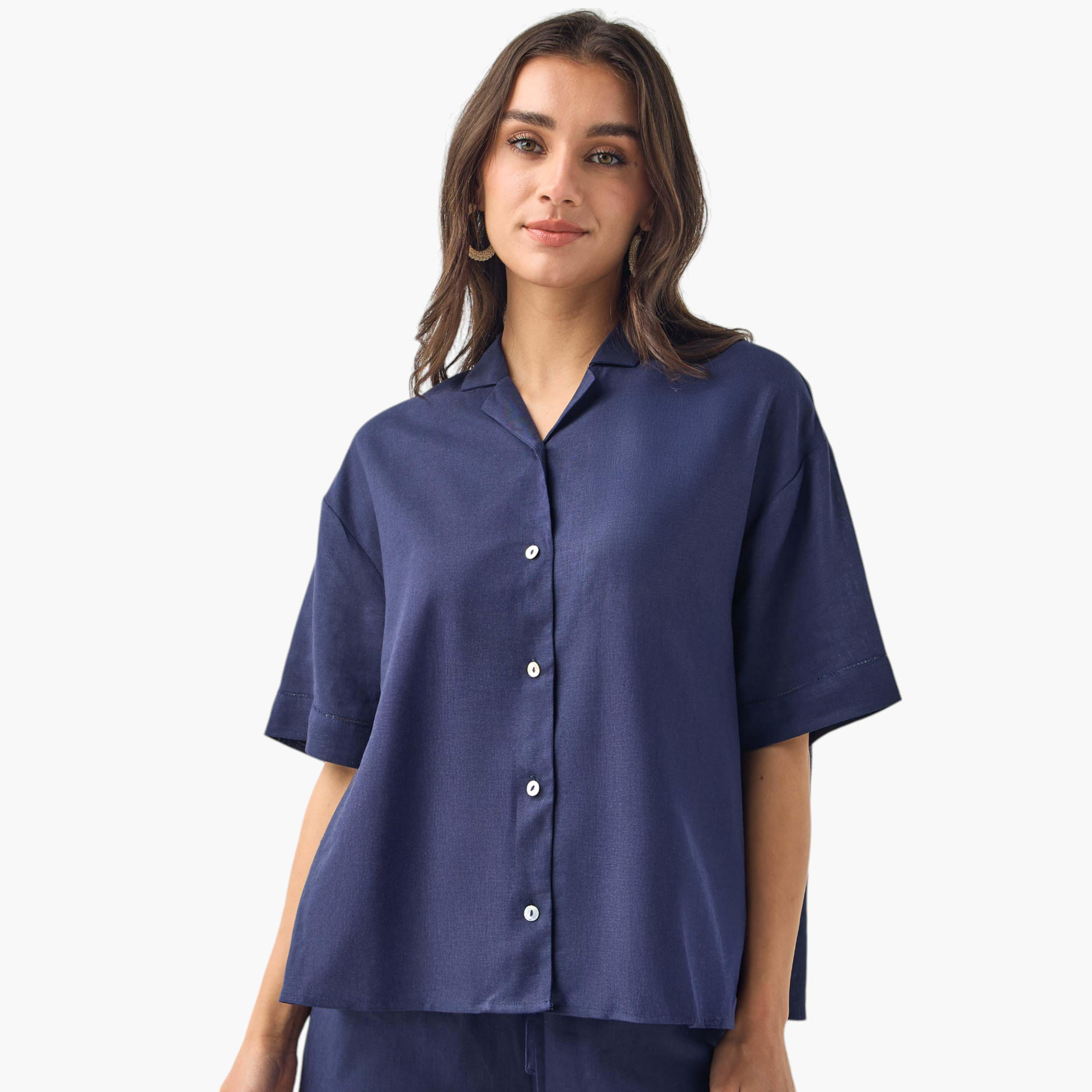 Regular Fit Linen Blend Shirt with Short Sleeves-women-clothing-shirtsandblouses-shirts-image-1