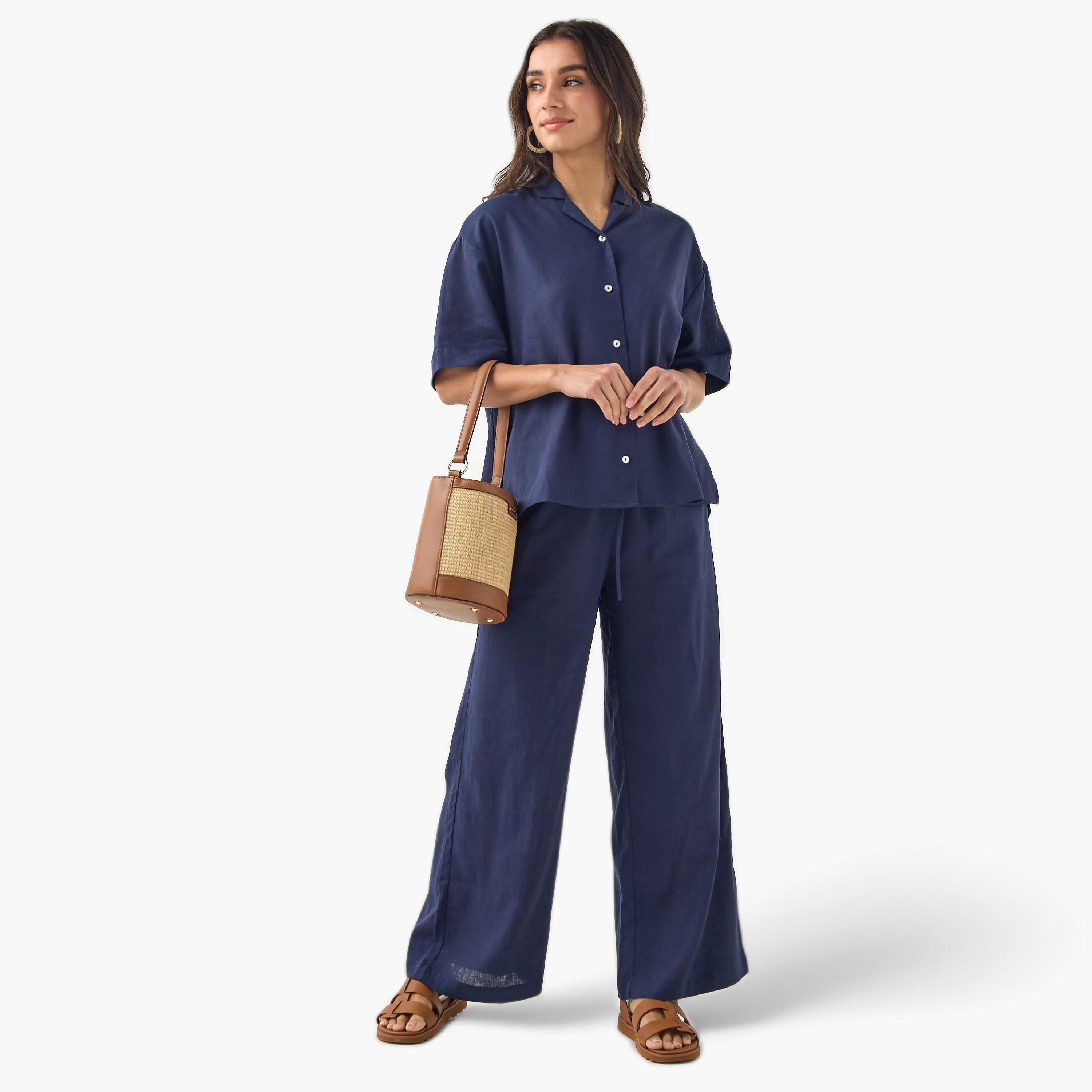 Regular Fit Linen Blend Shirt with Short Sleeves-women-clothing-shirtsandblouses-shirts-image-2