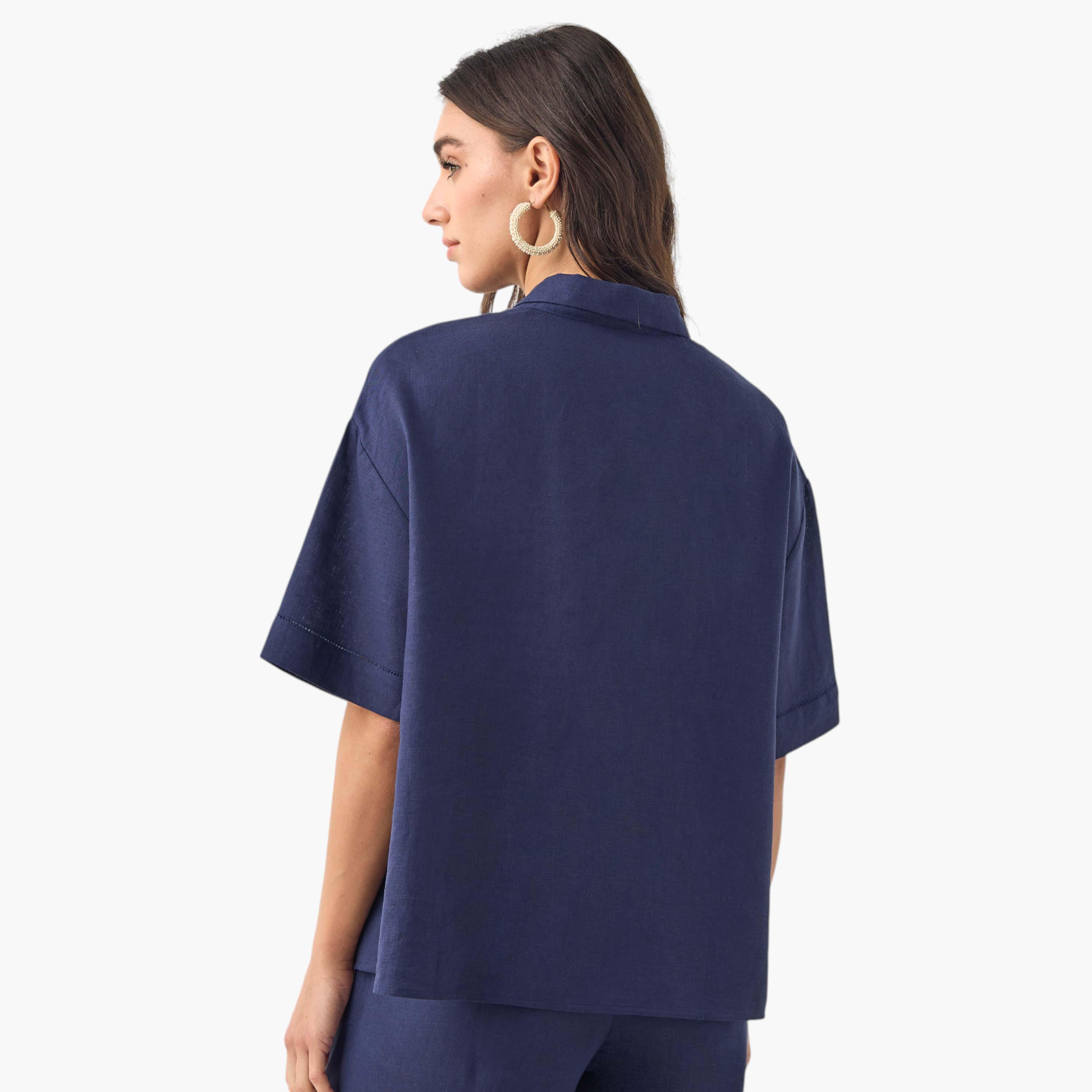 Regular Fit Linen Blend Shirt with Short Sleeves-women-clothing-shirtsandblouses-shirts-image-3