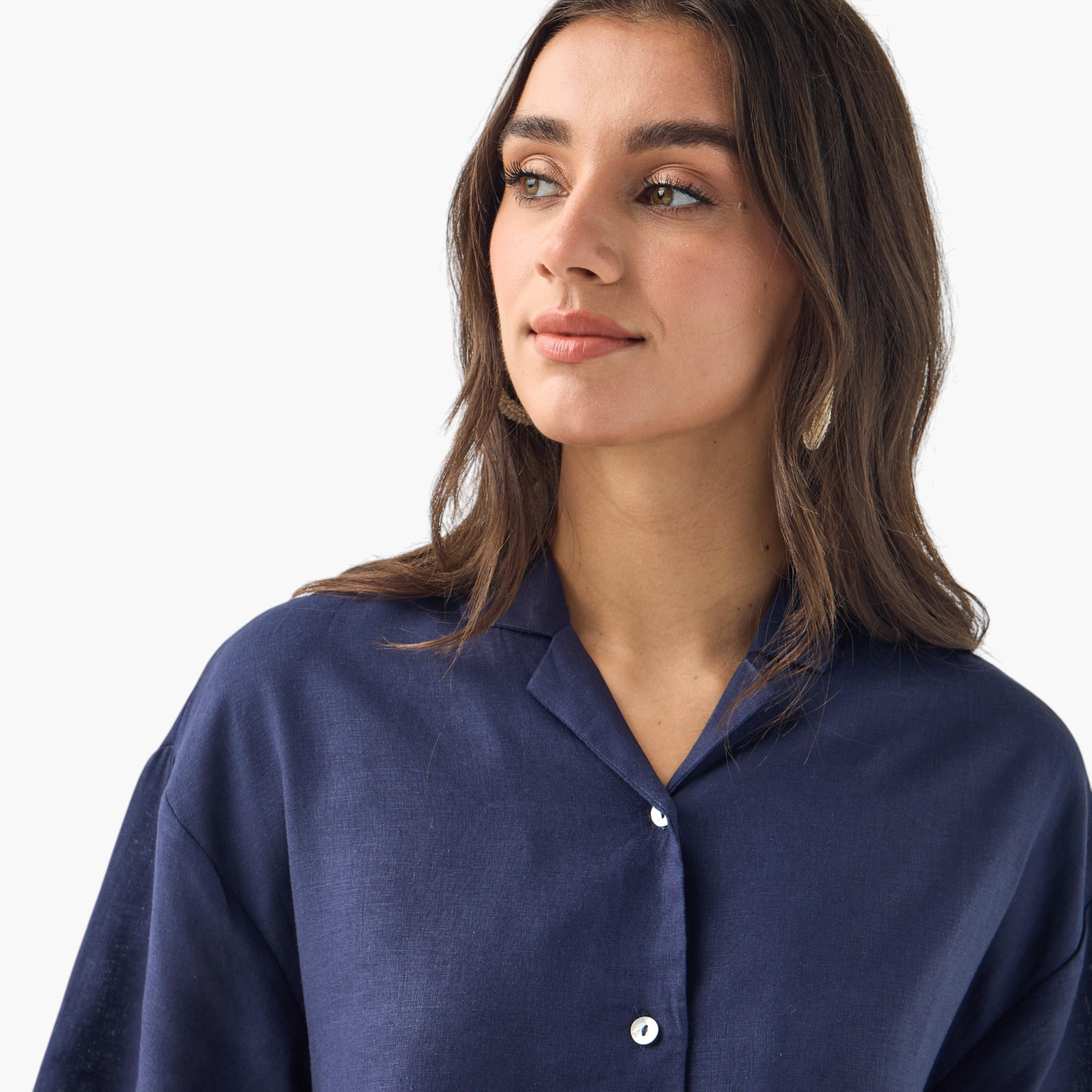 Regular Fit Linen Blend Shirt with Short Sleeves-women-clothing-shirtsandblouses-shirts-image-4