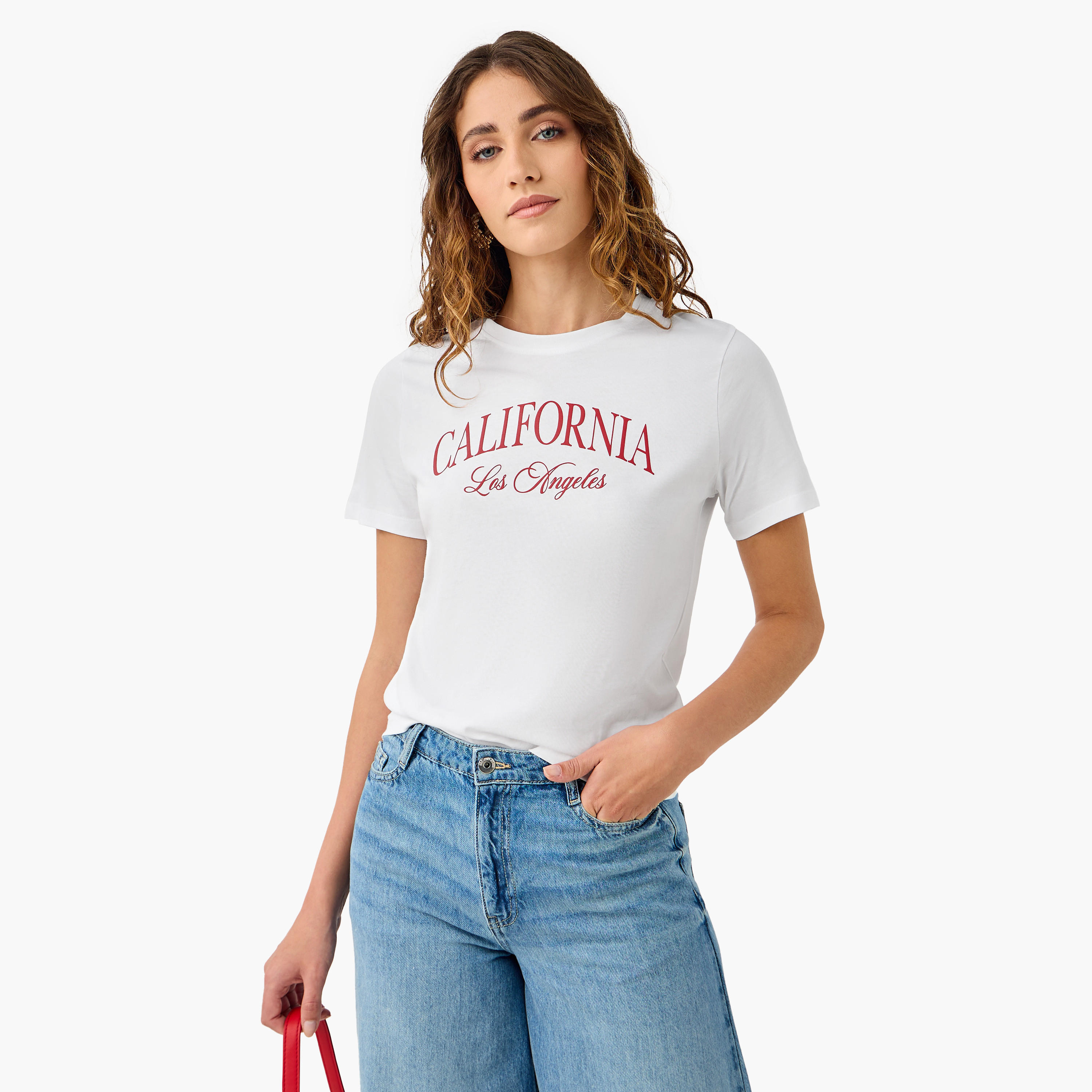 Typographic Print Cotton T-shirt with Crew Neck and Short Sleeves-women-clothing-tshirts-image-1