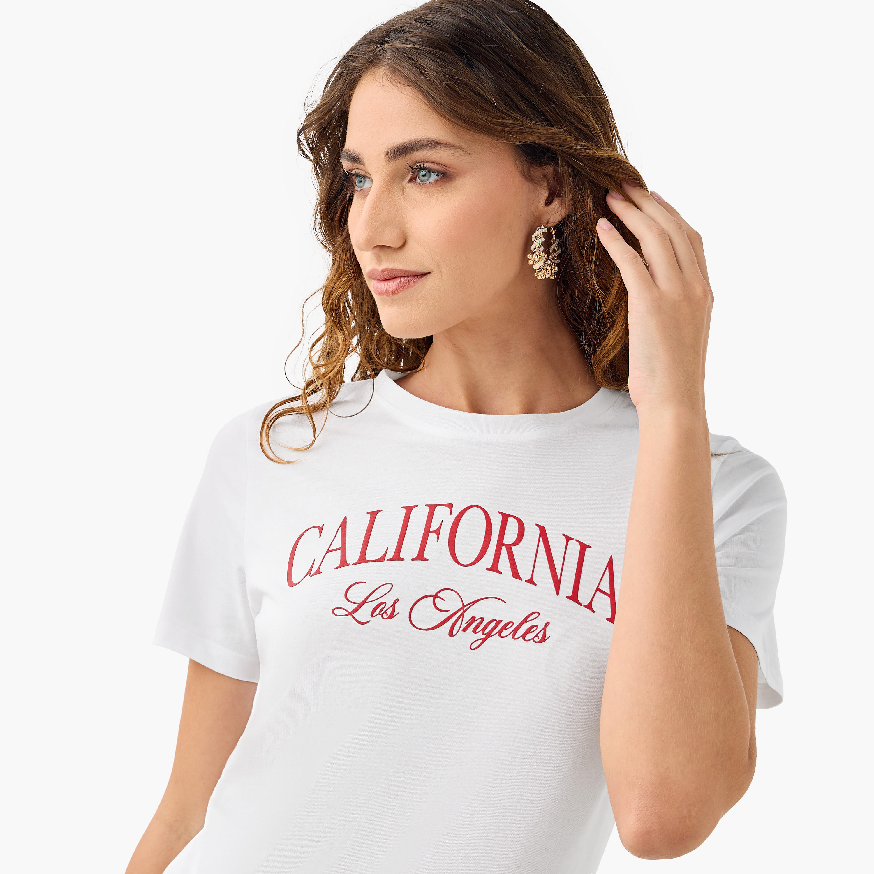 Typographic Print Cotton T-shirt with Crew Neck and Short Sleeves-women-clothing-tshirts-image-4