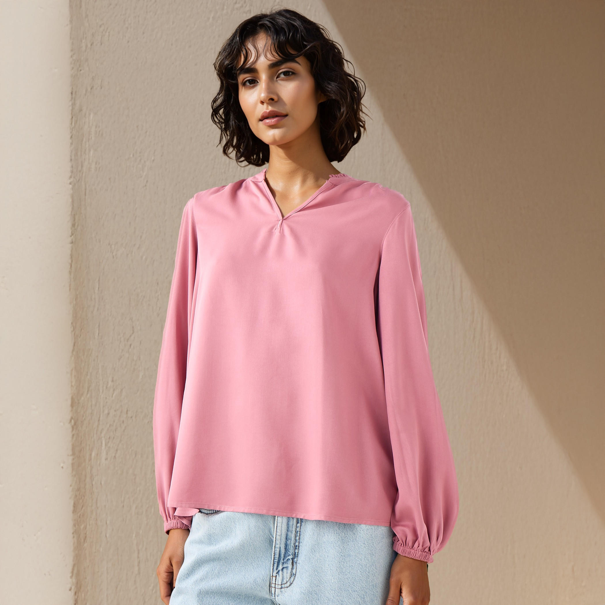 Ruffle Detail Mandarin Collar Viscose Top with Long Sleeves-women-clothing-shirtsandblouses-blouses-image-1