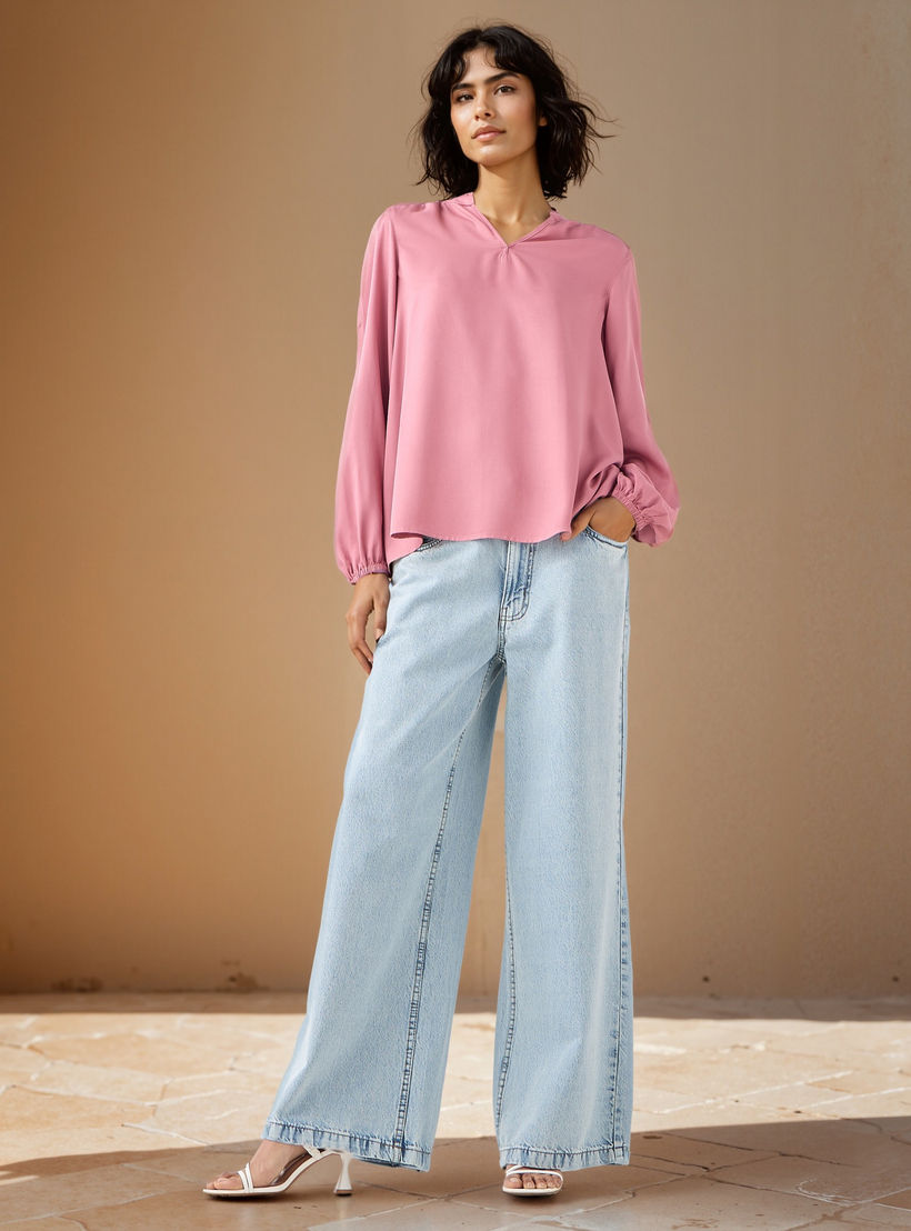 Ruffle Detail Mandarin Collar Viscose Top with Long Sleeves-women-clothing-shirtsandblouses-blouses-image-2
