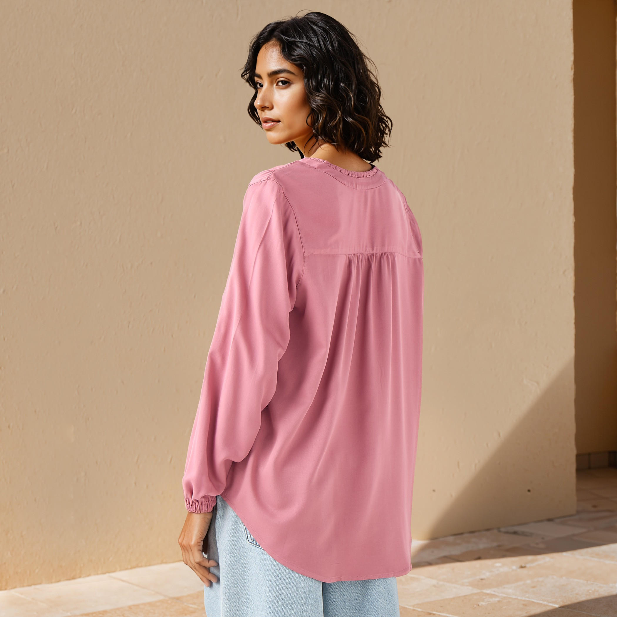 Ruffle Detail Mandarin Collar Viscose Top with Long Sleeves-women-clothing-shirtsandblouses-blouses-image-3