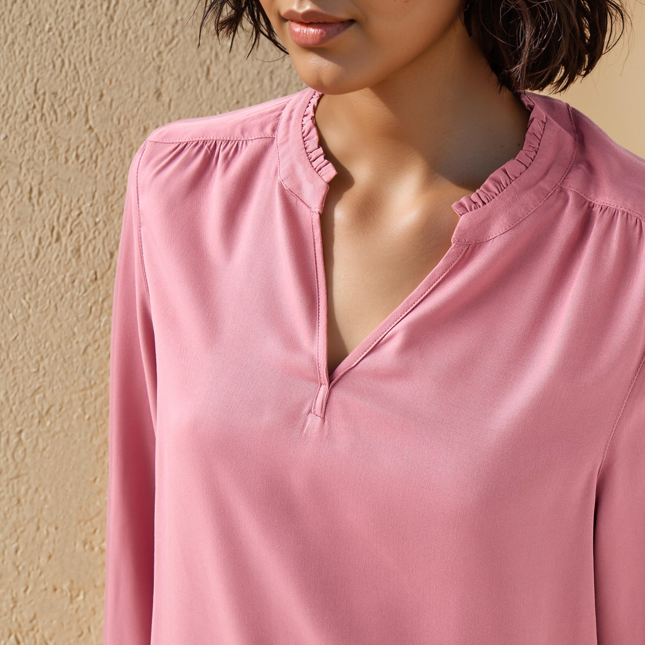 Ruffle Detail Mandarin Collar Viscose Top with Long Sleeves-women-clothing-shirtsandblouses-blouses-image-4