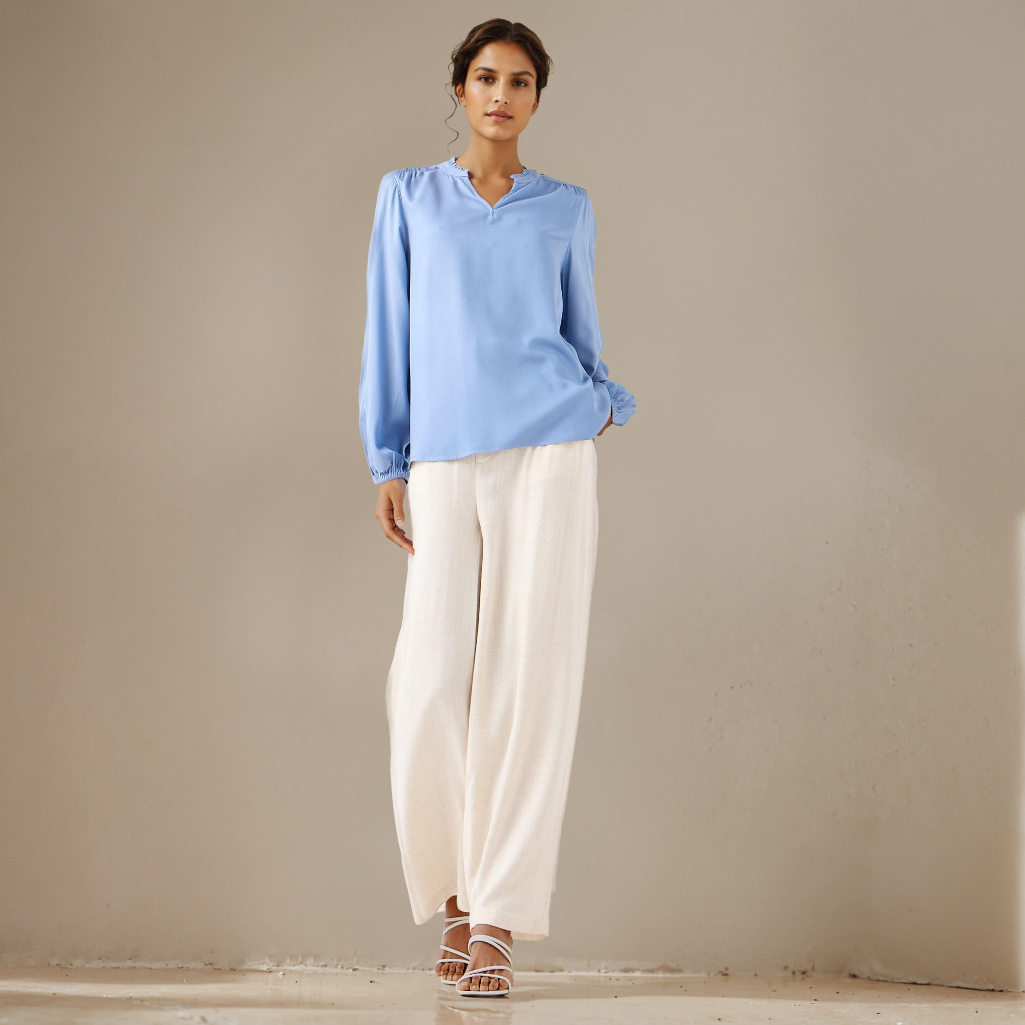 Ruffle Detail Mandarin Collar Viscose Top with Long Sleeves-women-clothing-shirtsandblouses-blouses-image-2