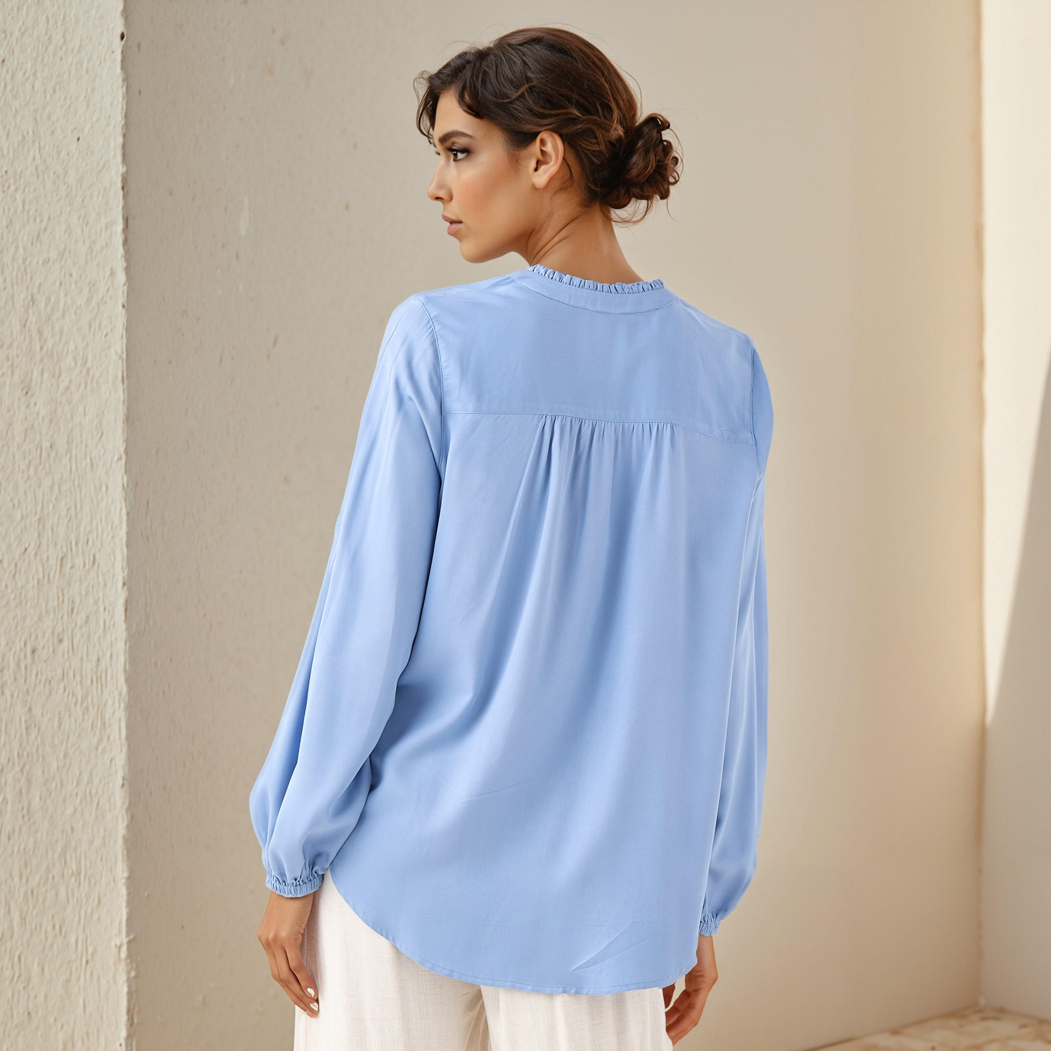 Ruffle Detail Mandarin Collar Viscose Top with Long Sleeves-women-clothing-shirtsandblouses-blouses-image-3