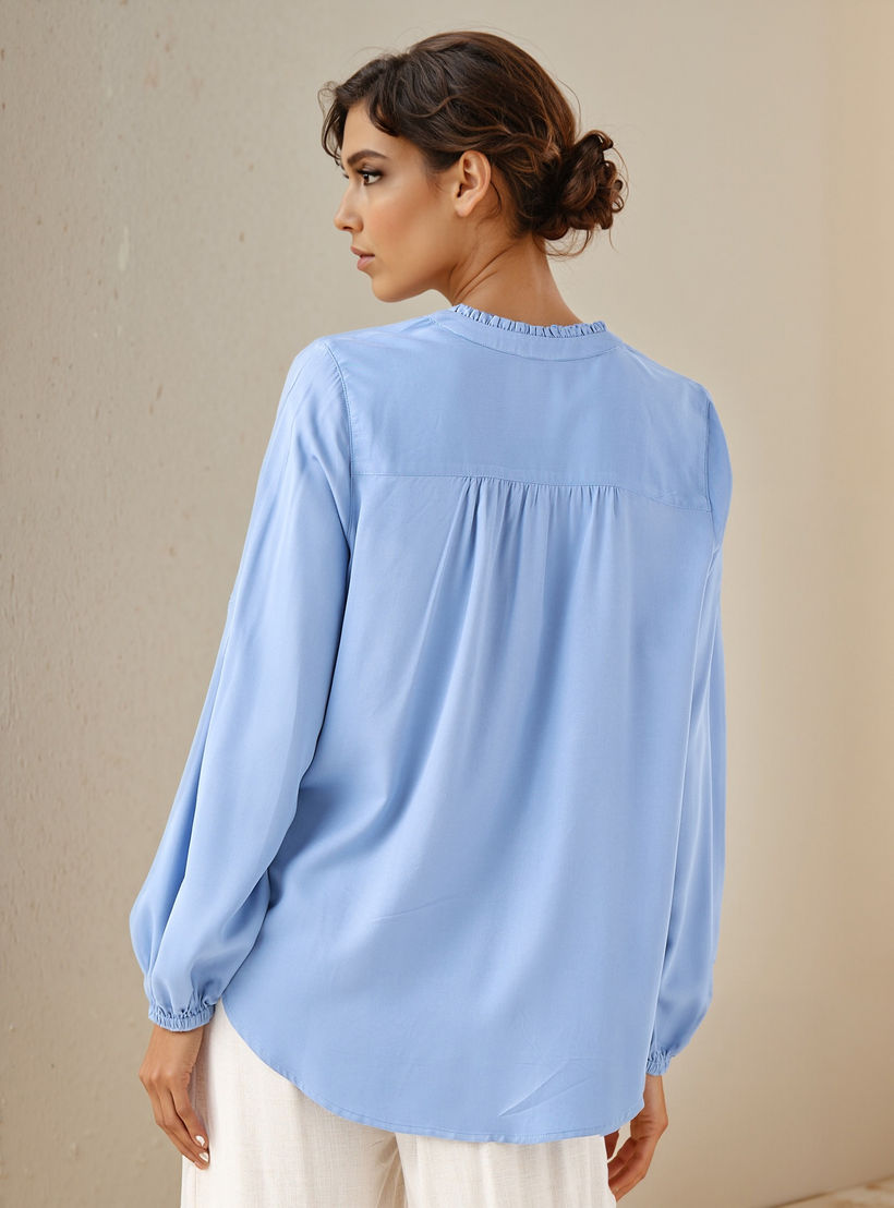Ruffle Detail Mandarin Collar Viscose Top with Long Sleeves-women-clothing-shirtsandblouses-blouses-image-3