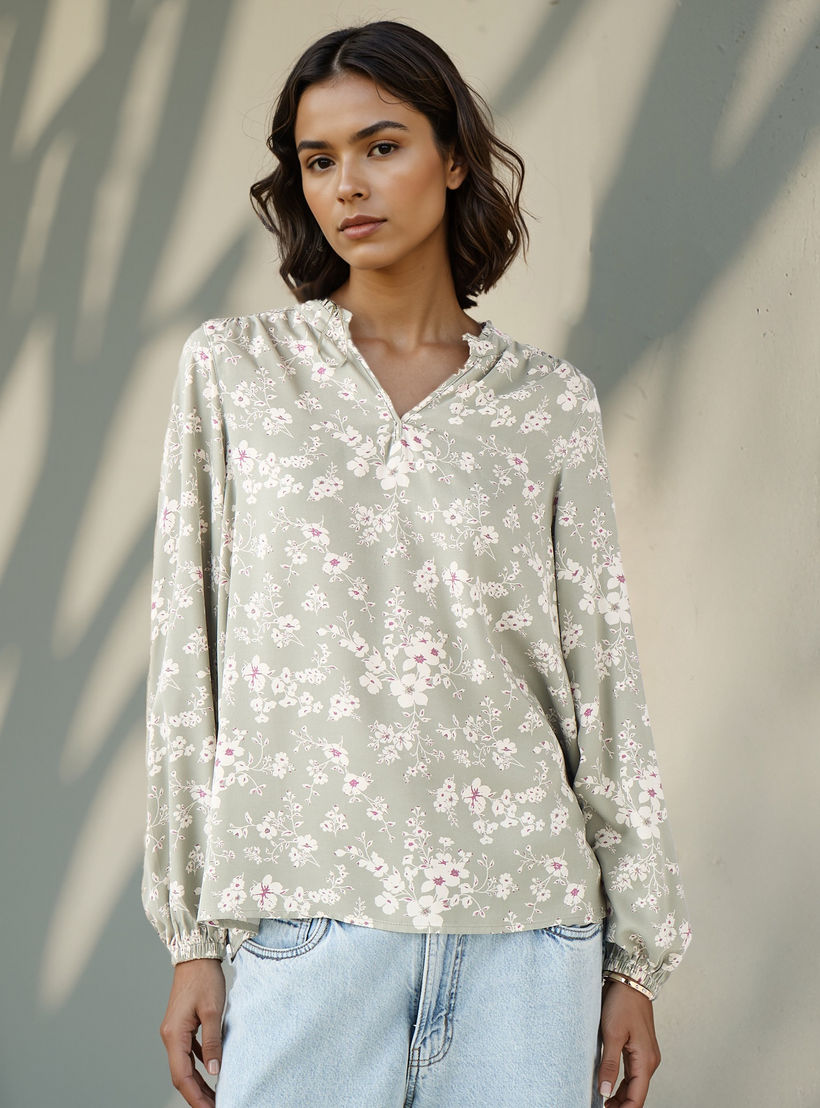 Floral Print Viscose Top with Mandarin Collar and Long Sleeves-women-clothing-shirtsandblouses-blouses-image-1