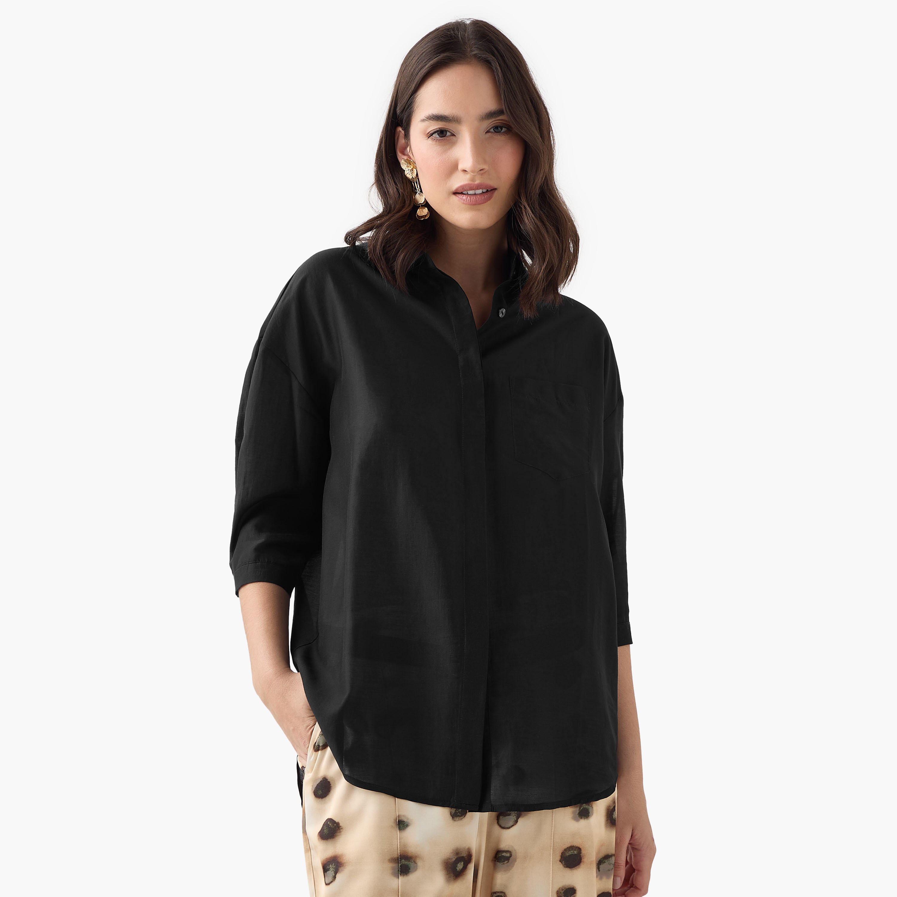قميص بقصّة مريحة وأكمام 3/4 وحواف غير متساوية-women-clothing-shirtsandblouses-shirts-image-1