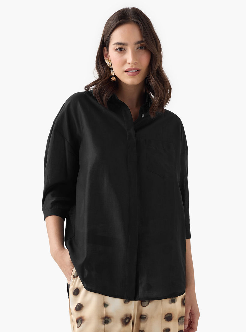 قميص بقصّة مريحة وأكمام 3/4 وحواف غير متساوية-women-clothing-shirtsandblouses-shirts-image-1