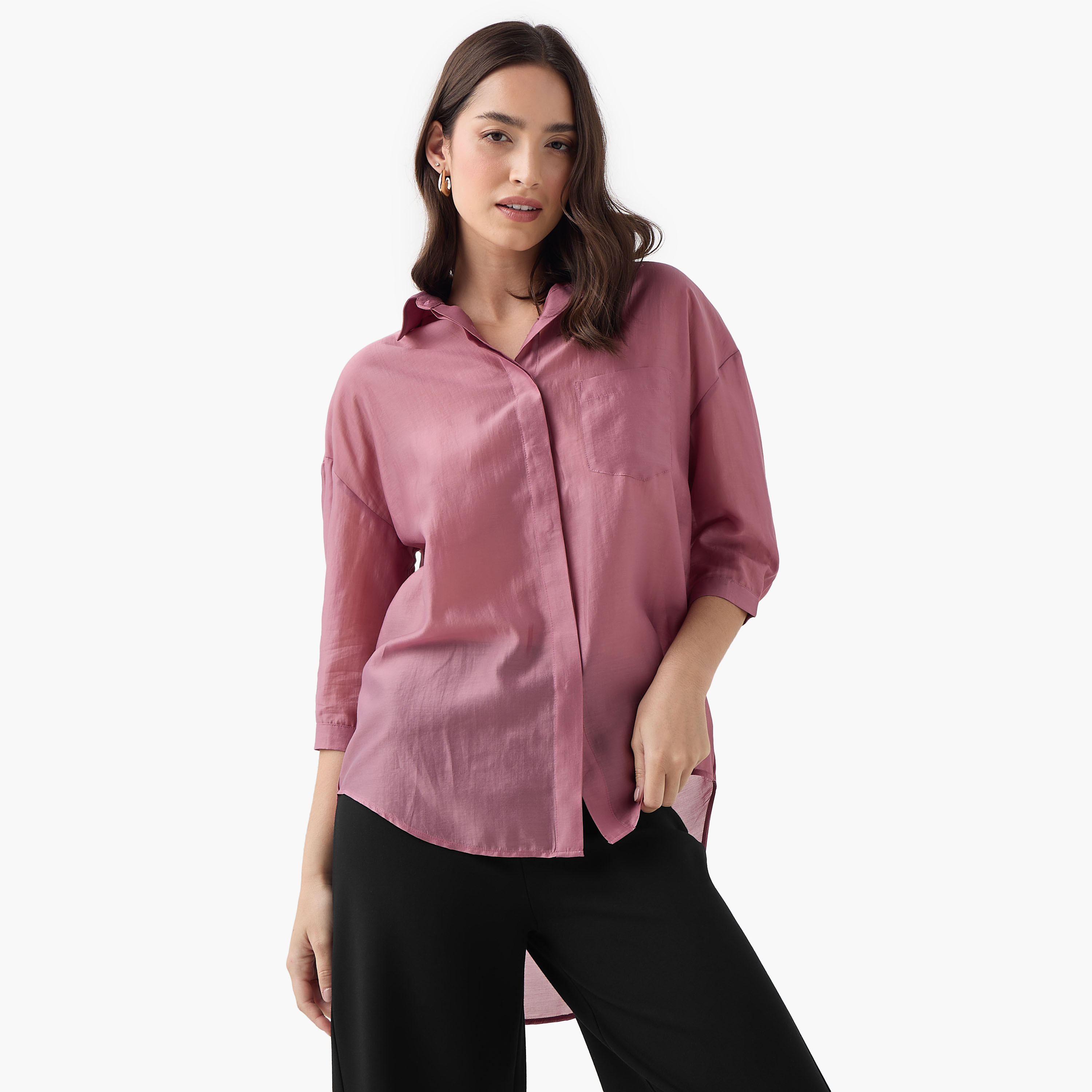 قميص بقصّة مريحة وأكمام 3/4 وحواف غير متساوية-women-clothing-shirtsandblouses-shirts-image-1