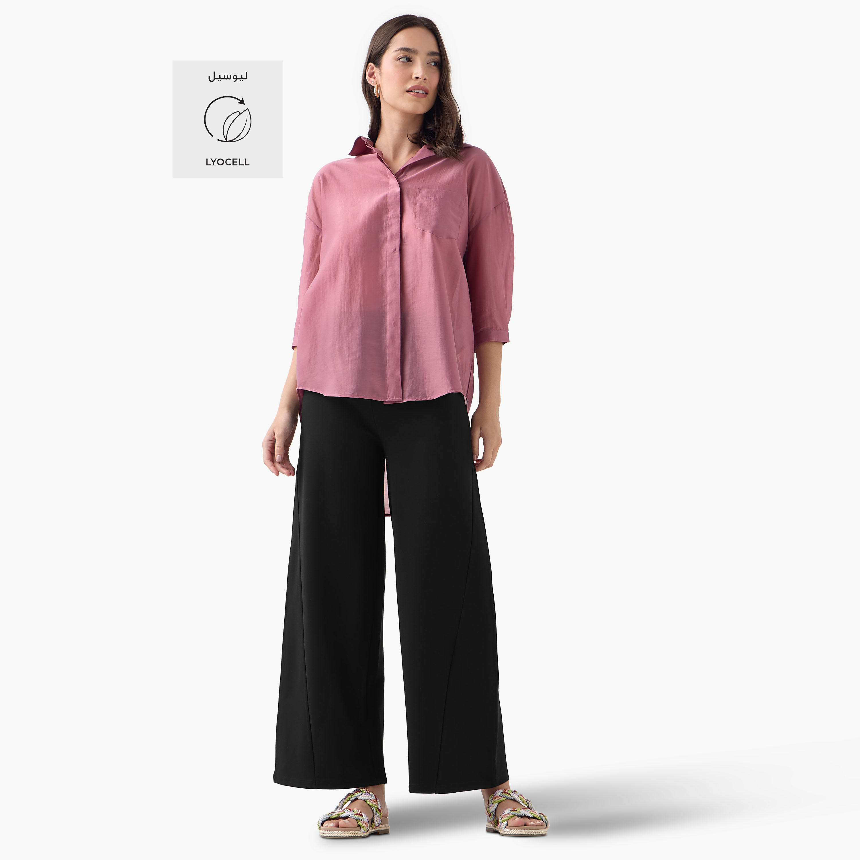 Relaxed Fit High Low Shirt with 3/4 Sleeves-women-clothing-shirtsandblouses-shirts-image-2