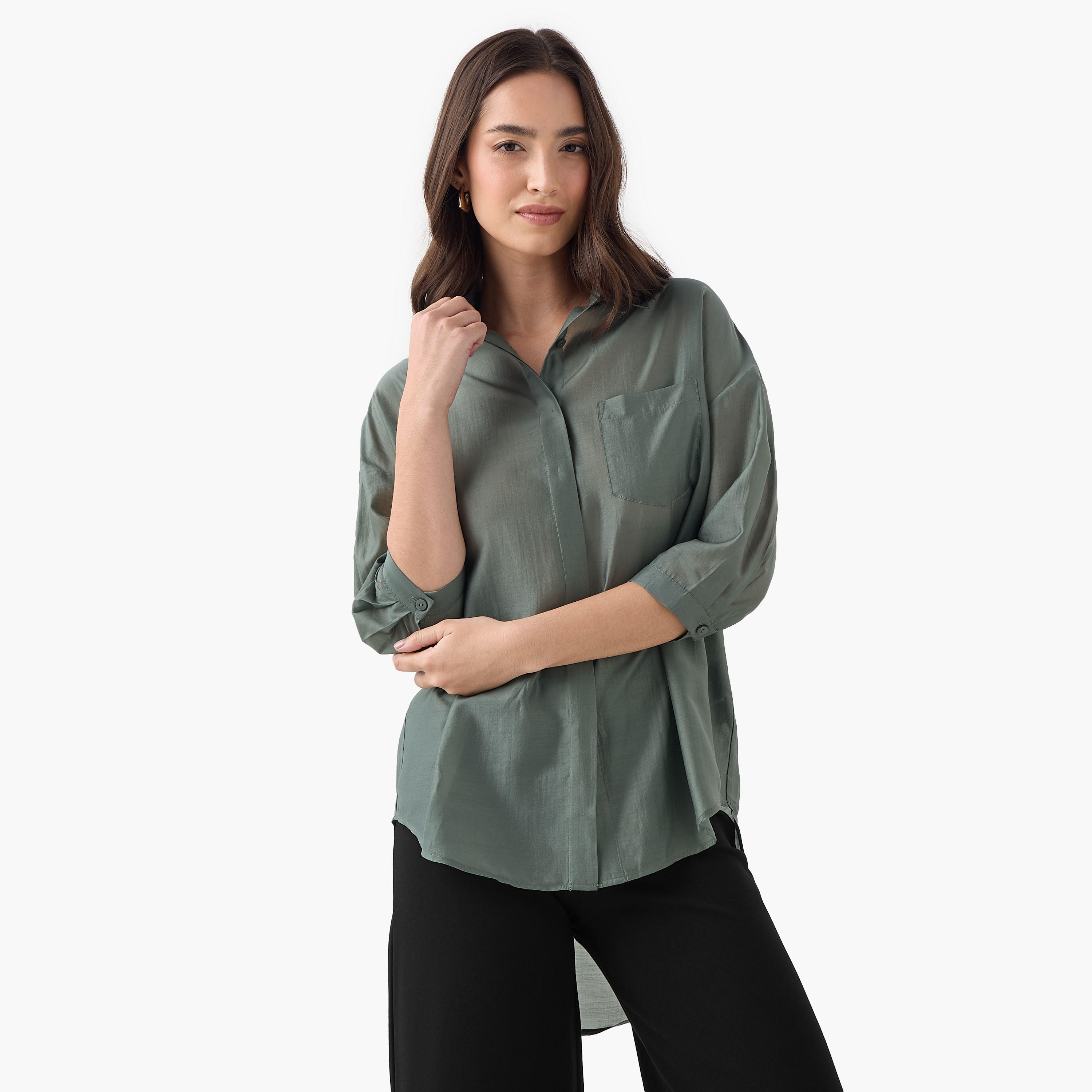 قميص بقصّة مريحة وأكمام 3/4 وحواف غير متساوية-women-clothing-shirtsandblouses-shirts-image-1