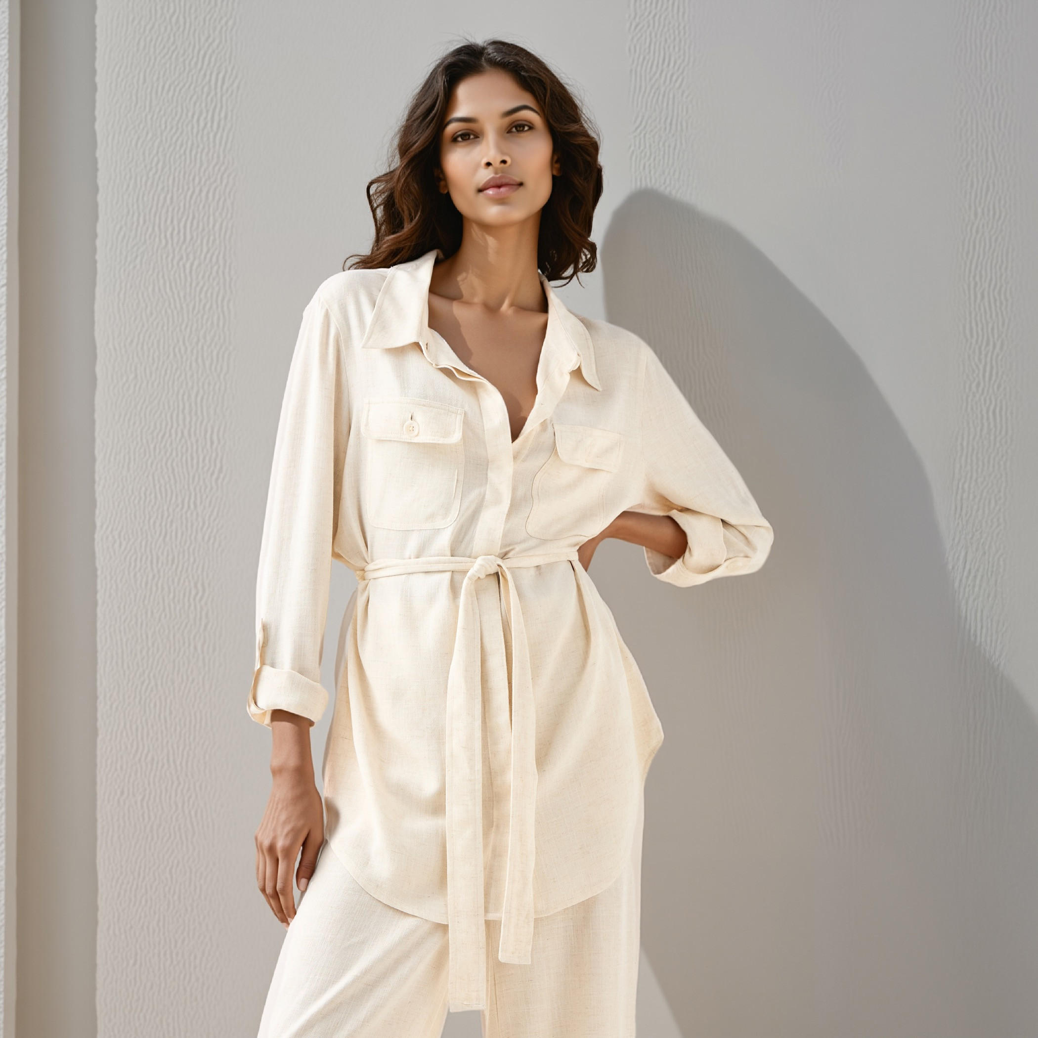 Shop Regular Fit Longline Shirt with Tie-Up Belt Online | Splash UAE