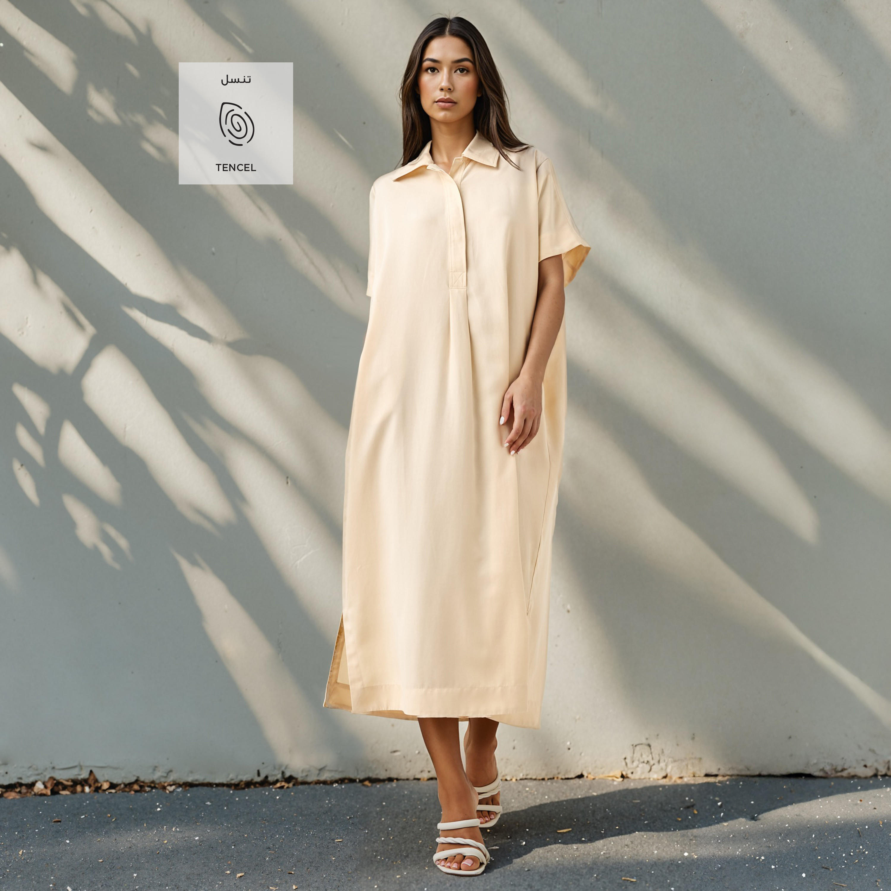 فستان قميص من مزيج الكتان بقصة مريحة مع جيوب وفتحات جانبية-women-clothing-dresses-image-2