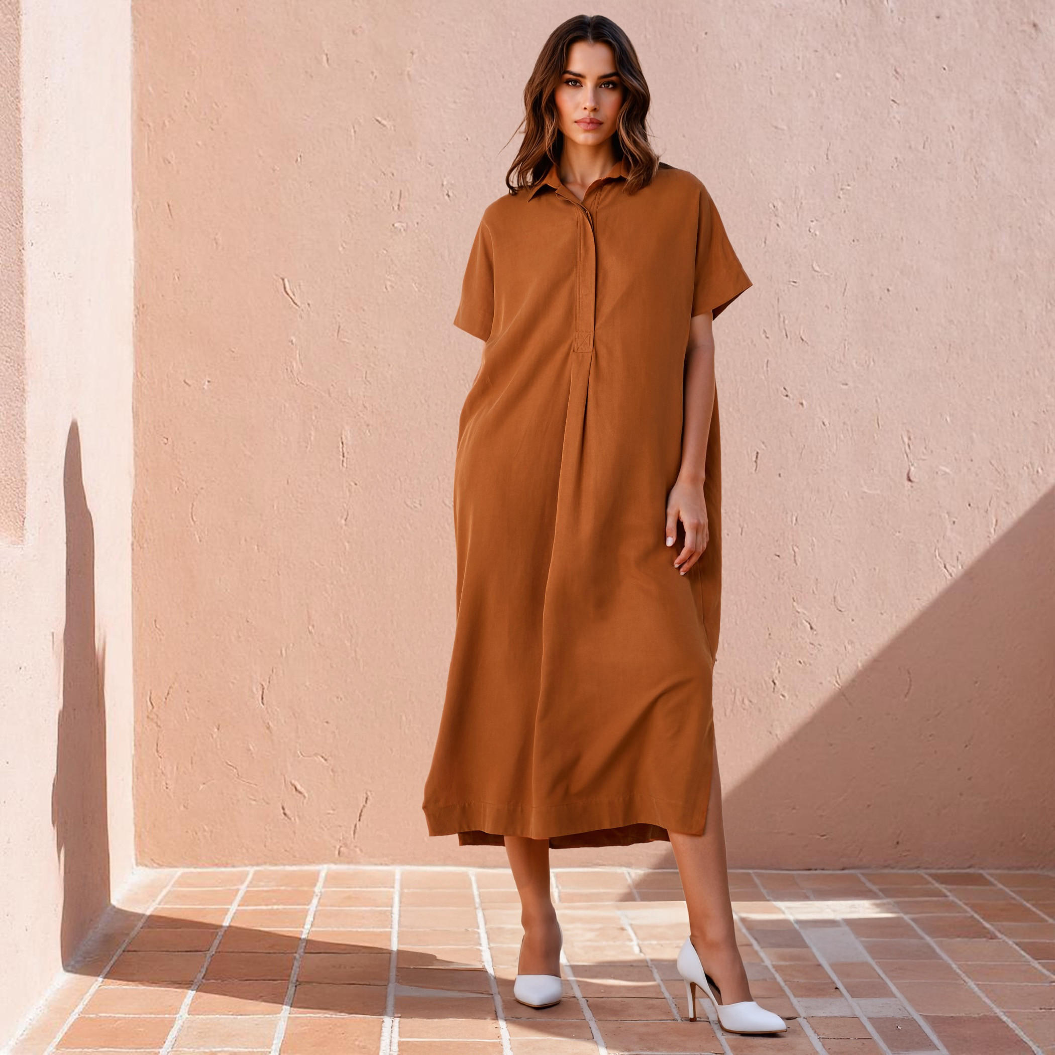 Relaxed Fit Linen Blend Shirt Dress with Pockets and Slits-women-clothing-dresses-image-1