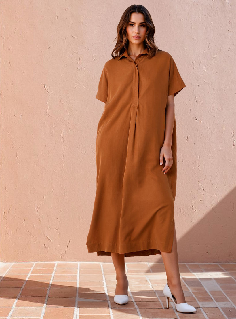 فستان قميص من مزيج الكتان بقصة مريحة مع جيوب وفتحات جانبية-women-clothing-dresses-image-1
