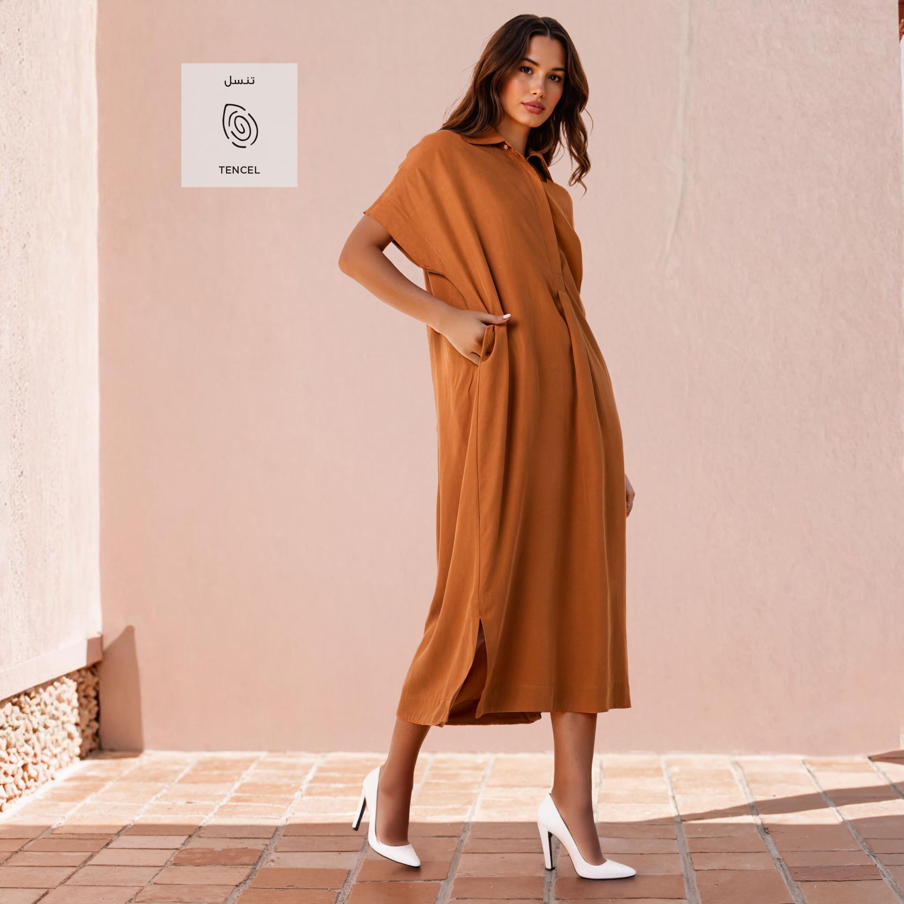 Relaxed Fit Linen Blend Shirt Dress with Pockets and Slits-women-clothing-dresses-image-2