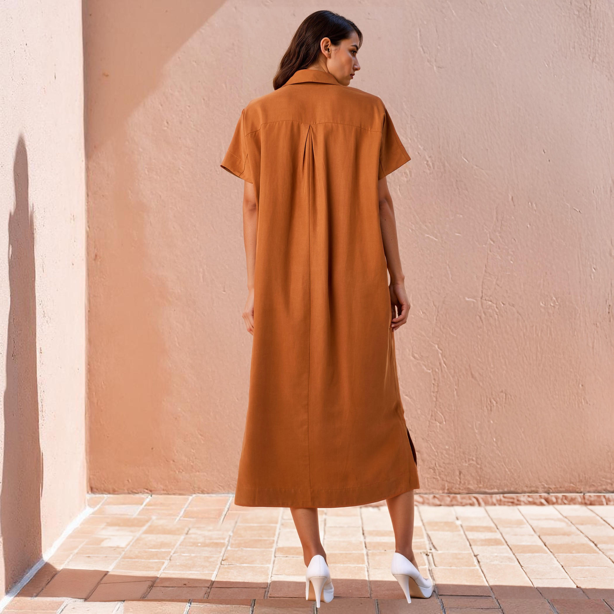 فستان قميص من مزيج الكتان بقصة مريحة مع جيوب وفتحات جانبية-women-clothing-dresses-image-3