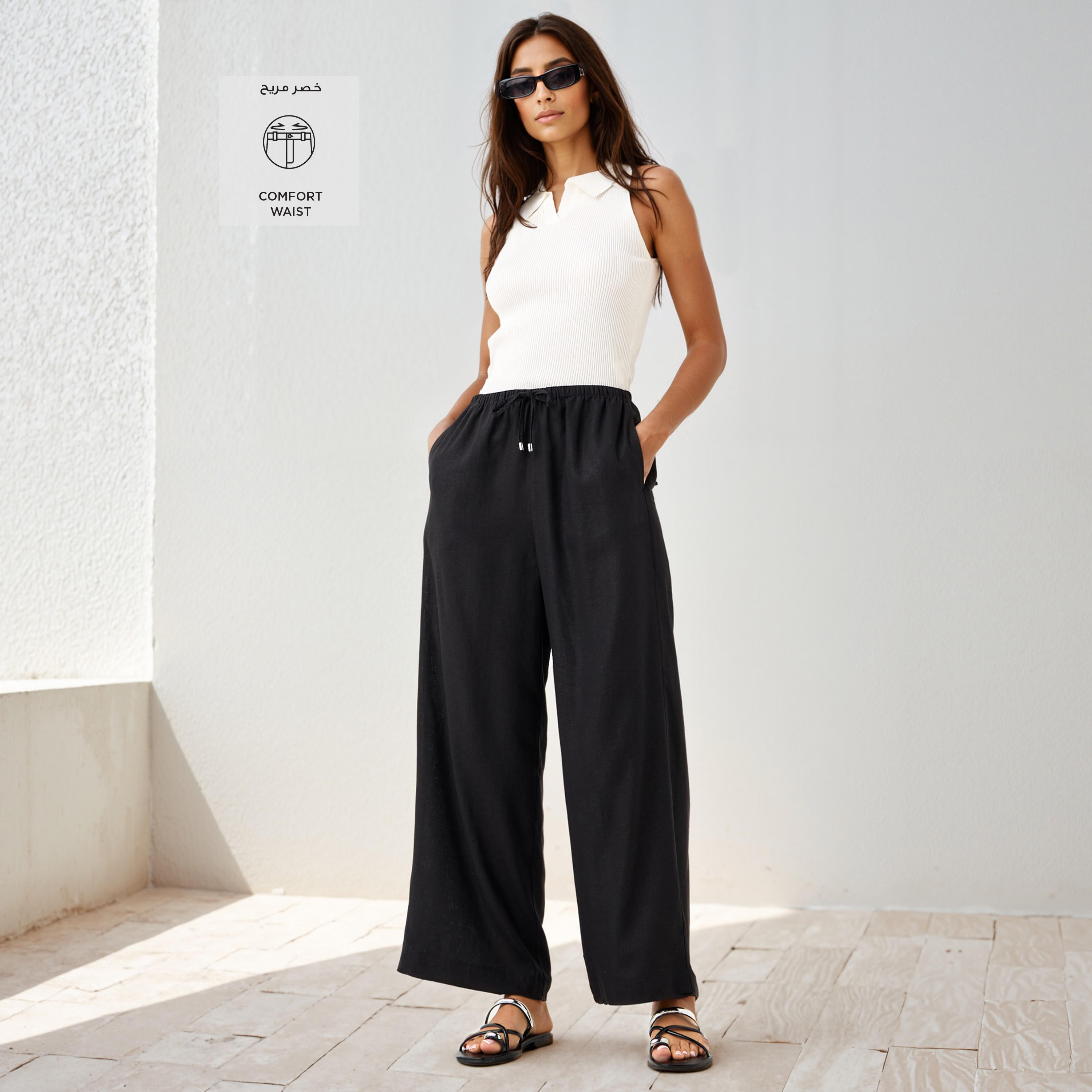 Linen Blend Wide Leg Trousers-women-clothing-bottoms-trousers-image-2