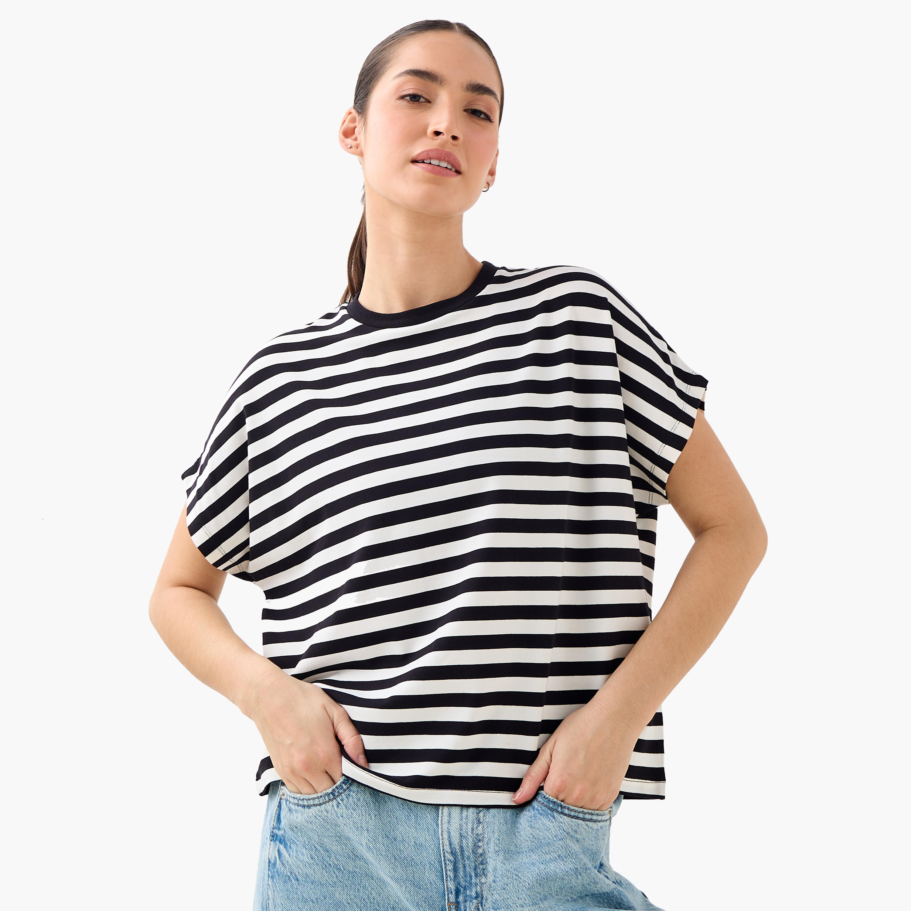 Striped Viscose Crew Neck T-shirt-women-clothing-tshirts-image-1