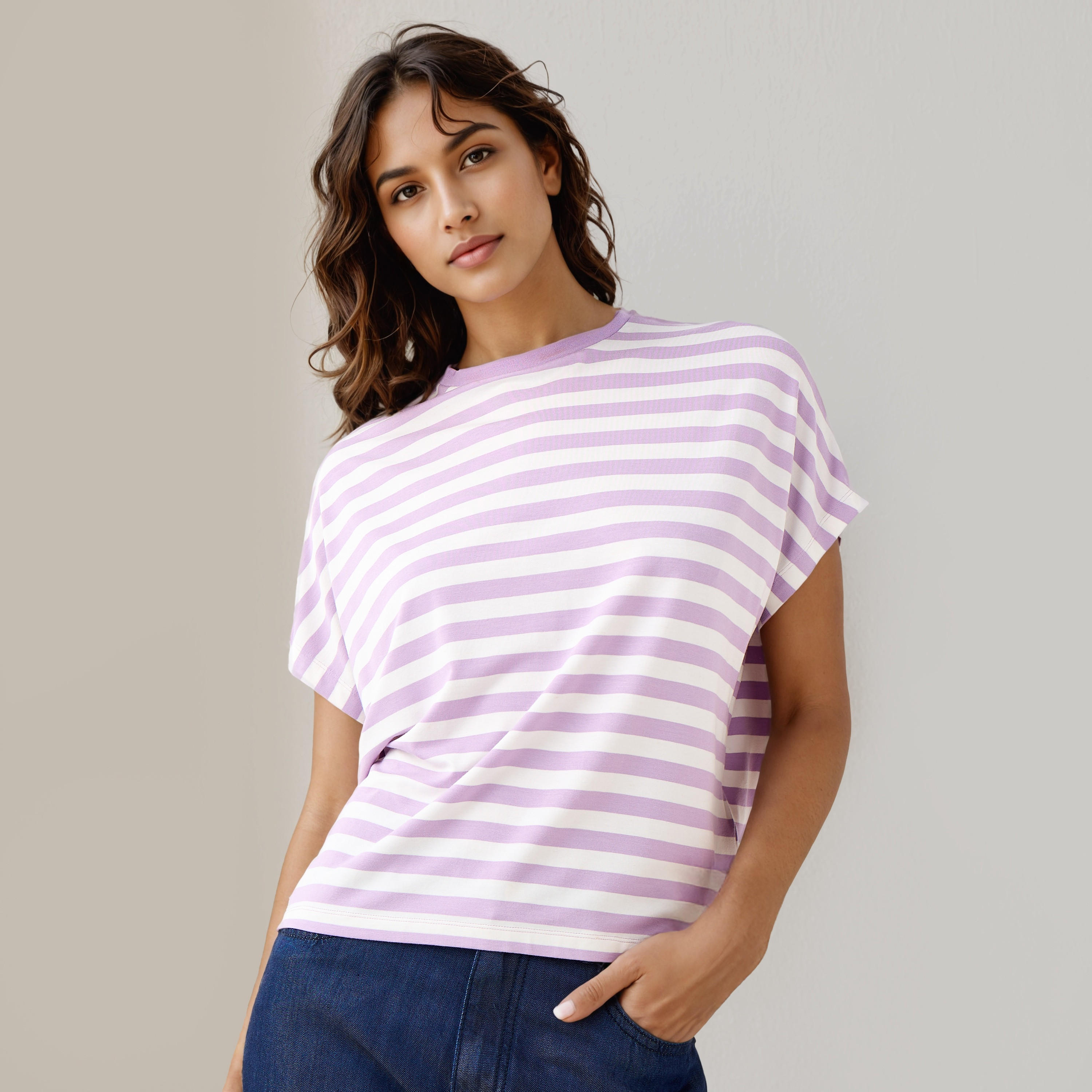 Striped Viscose Crew Neck T-shirt-women-clothing-tshirts-image-1