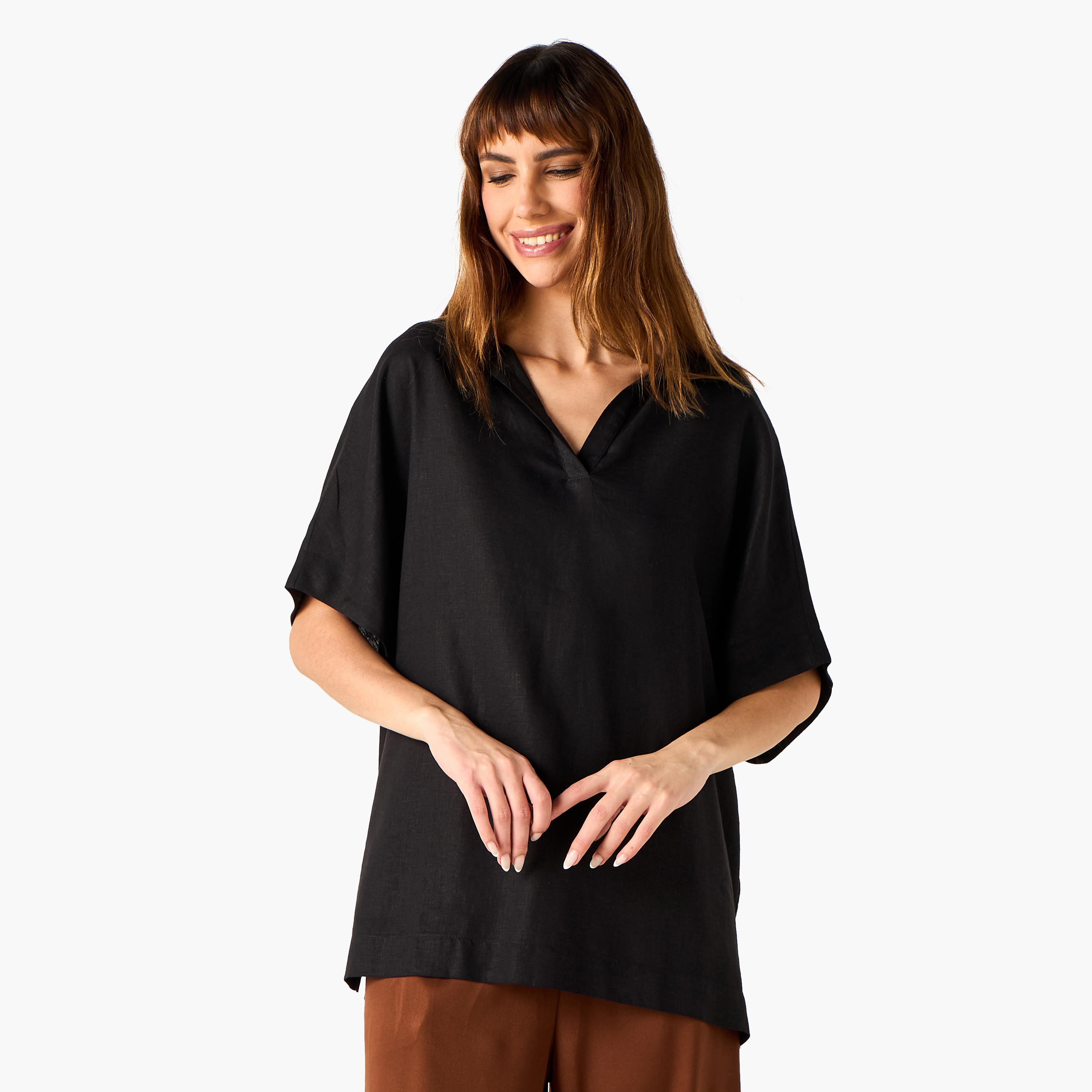 بلوزة مزيج الكتان بقصة عادية وياقة وأكمام ممتدة-women-clothing-shirtsandblouses-blouses-image-5