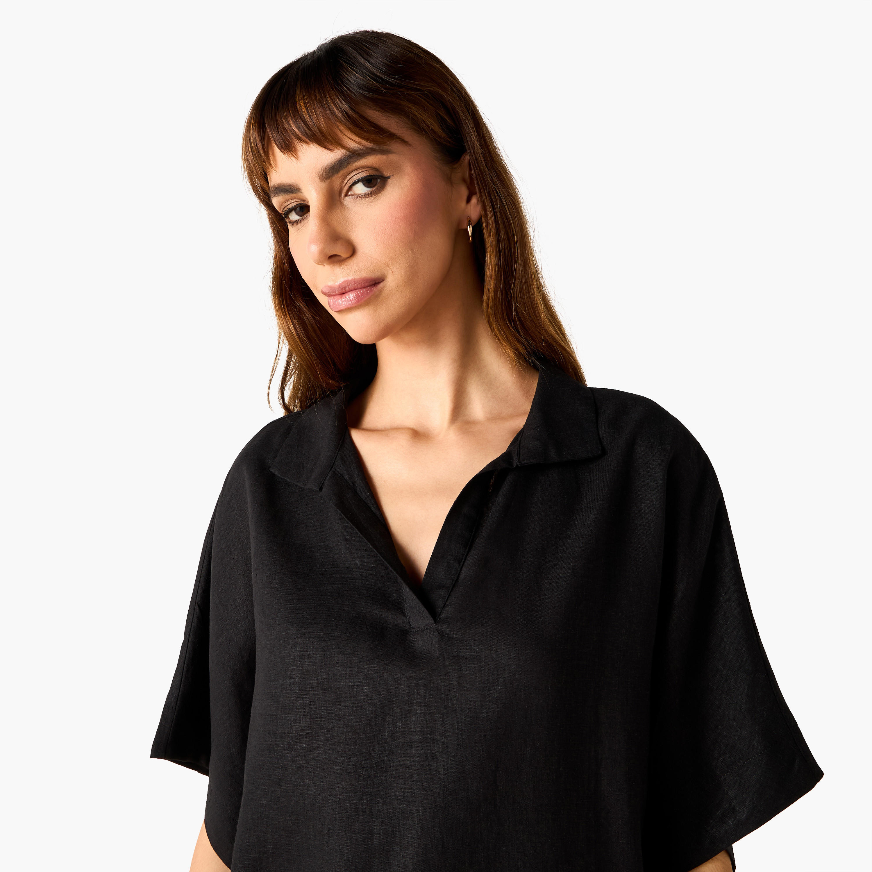 بلوزة مزيج الكتان بقصة عادية وياقة وأكمام ممتدة-women-clothing-shirtsandblouses-blouses-image-2
