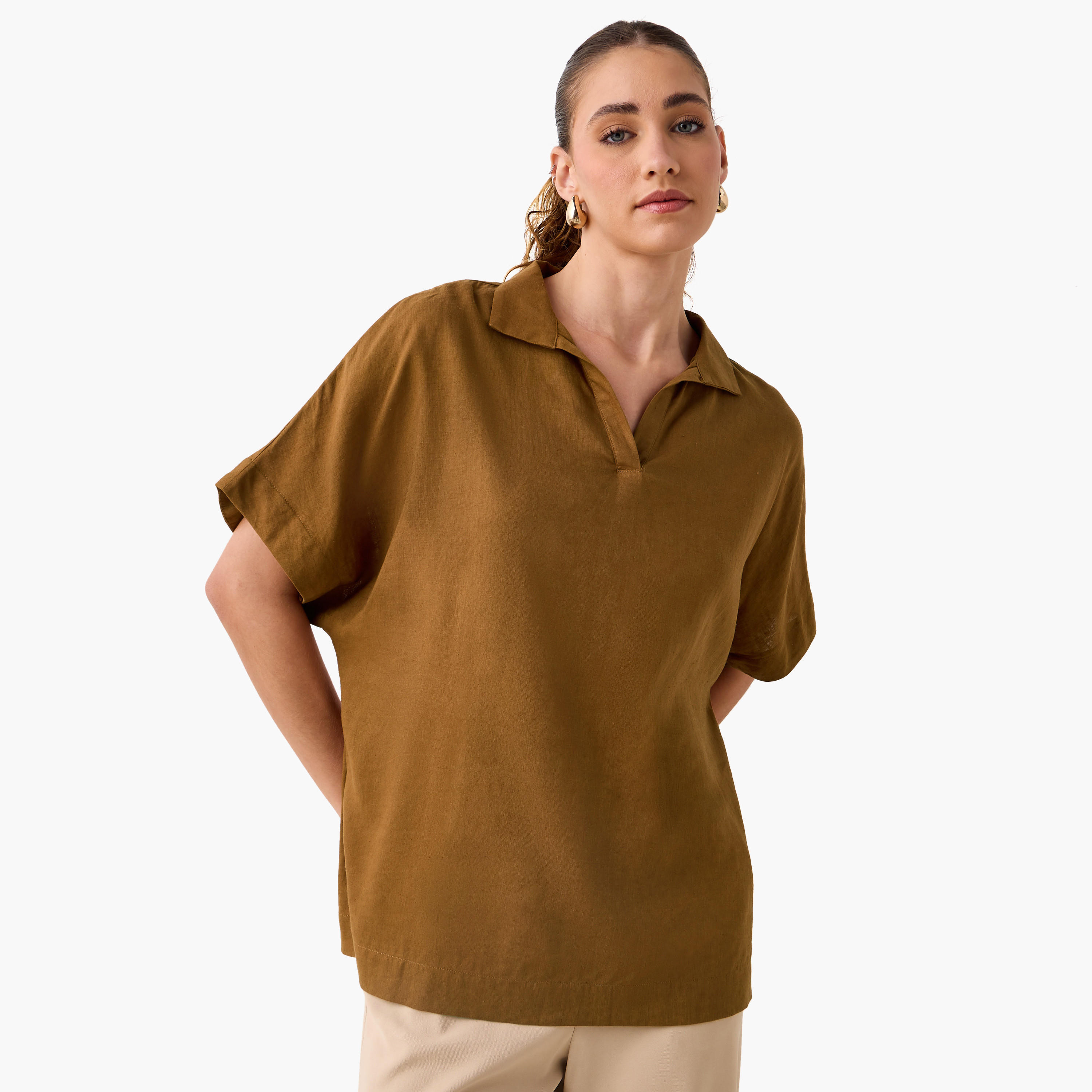 Regular Fit Linen Blend Collared Top with Extended Sleeves-women-clothing-shirtsandblouses-blouses-image-1
