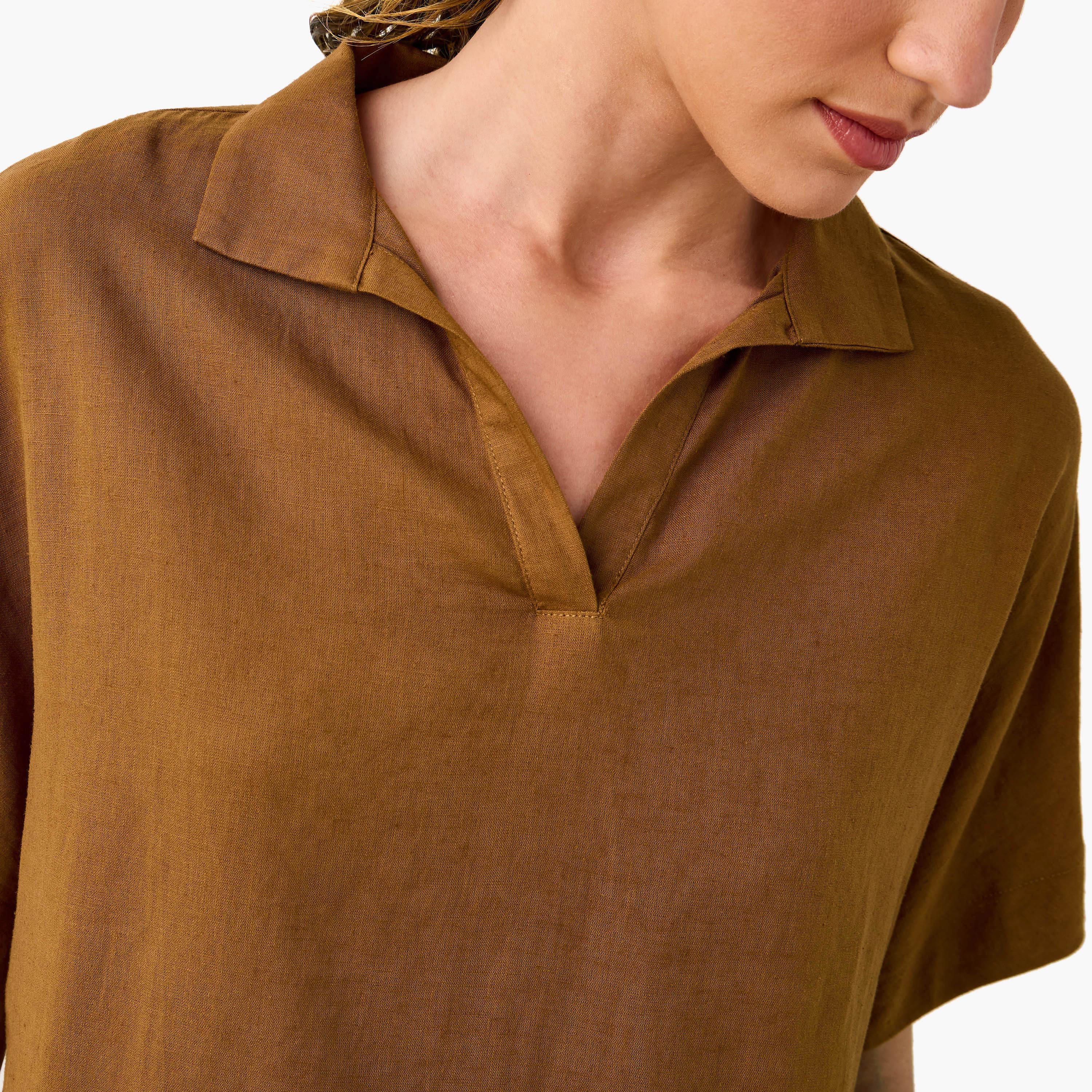 Regular Fit Linen Blend Collared Top with Extended Sleeves-women-clothing-shirtsandblouses-blouses-image-4