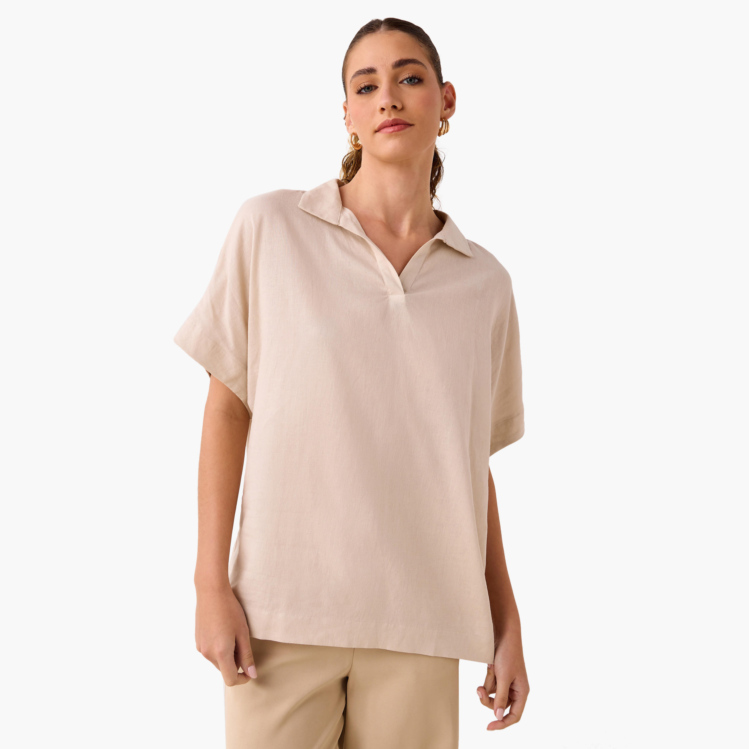 Regular Fit Linen Blend Collared Top with Extended Sleeves-women-clothing-shirtsandblouses-blouses-image-1