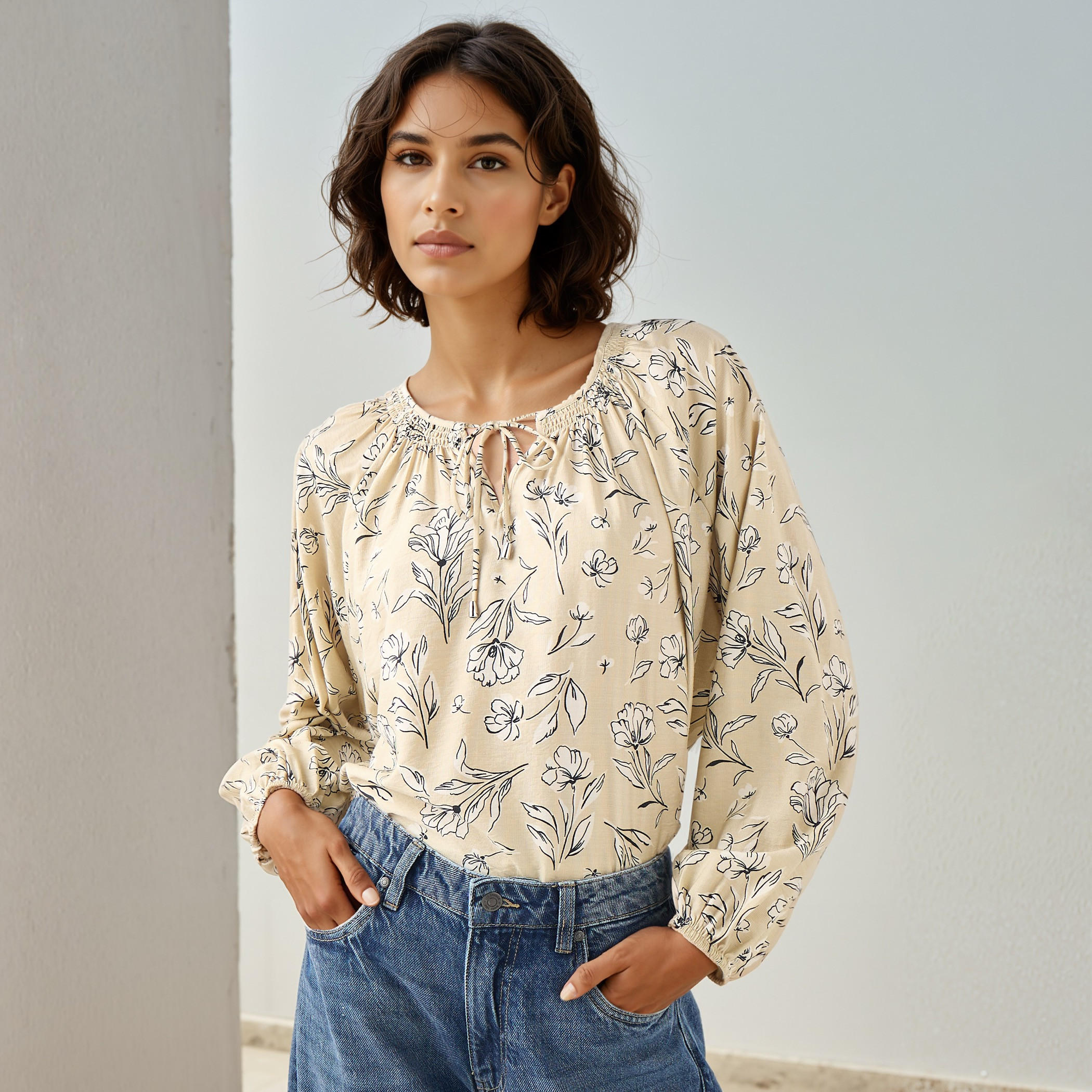 Floral Print Top with Neck Rouching and Tie-Up-women-clothing-shirtsandblouses-blouses-image-1