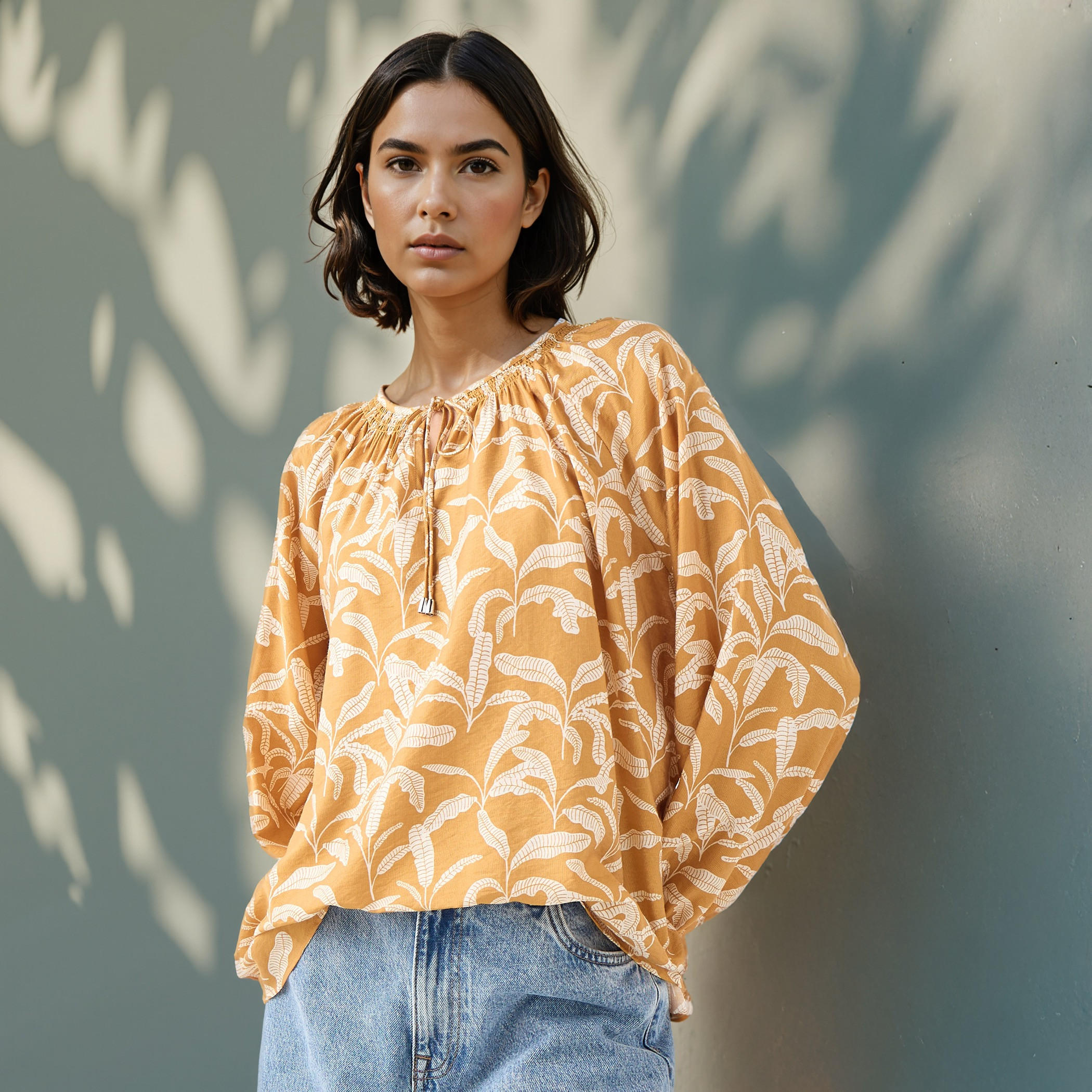 Printed Top with Neck Rouching and Tie-Up-women-clothing-shirtsandblouses-blouses-image-1