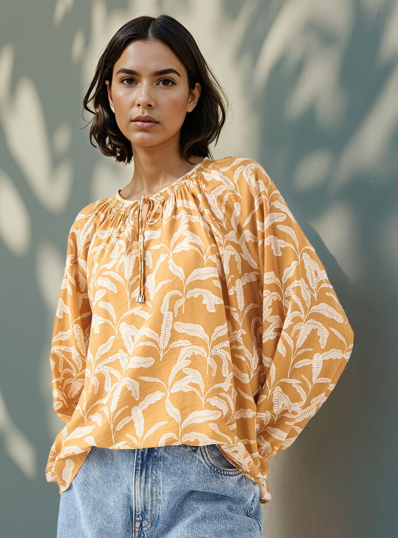 Printed Top with Neck Rouching and Tie-Up-women-clothing-shirtsandblouses-blouses-image-1