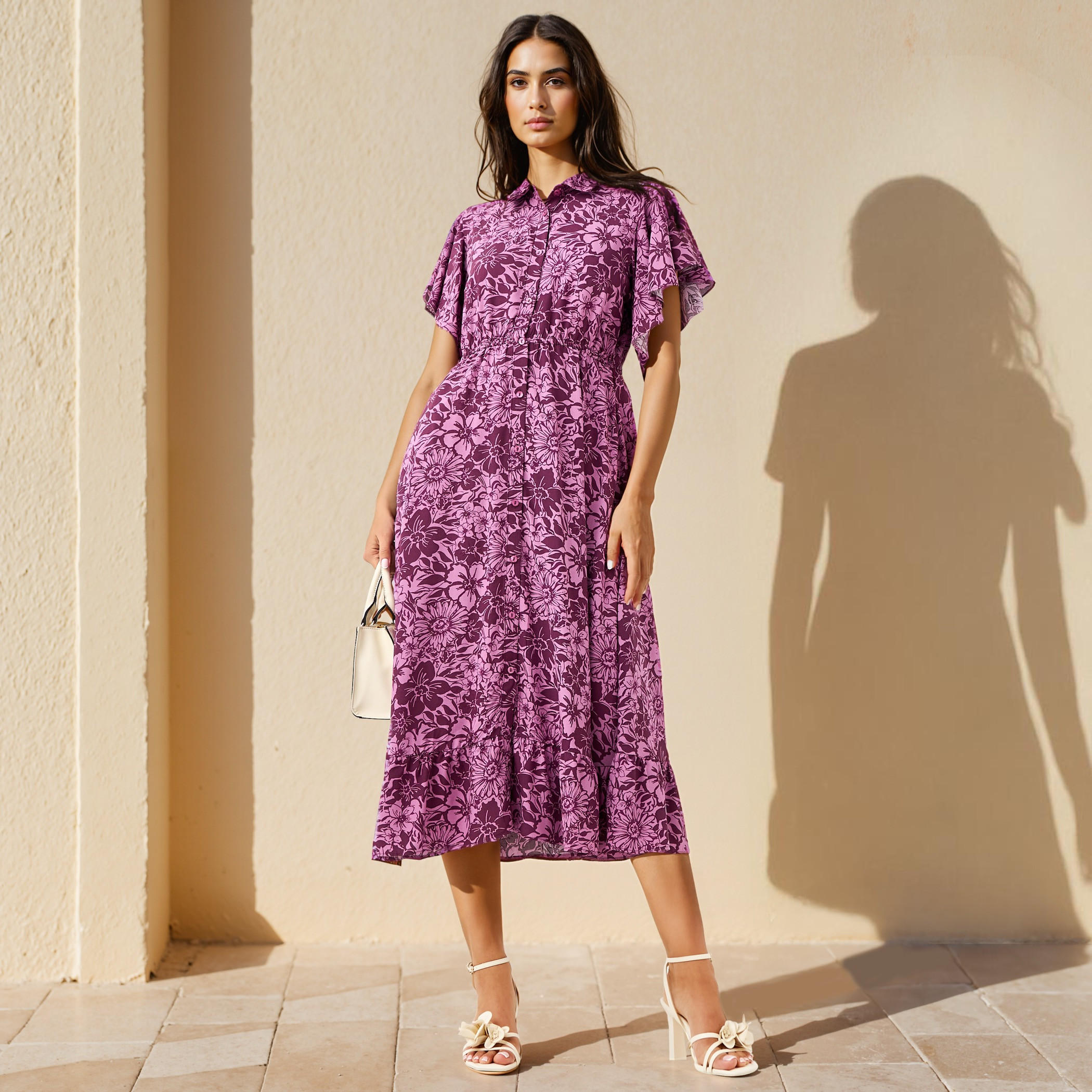 فستان قميص رايون ميدي بأكمام واسعة وطبعات زهرية-women-clothing-dresses-image-1