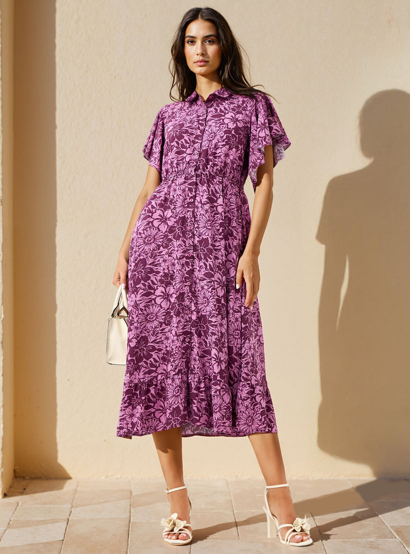فستان قميص رايون ميدي بأكمام واسعة وطبعات زهرية-women-clothing-dresses-image-1