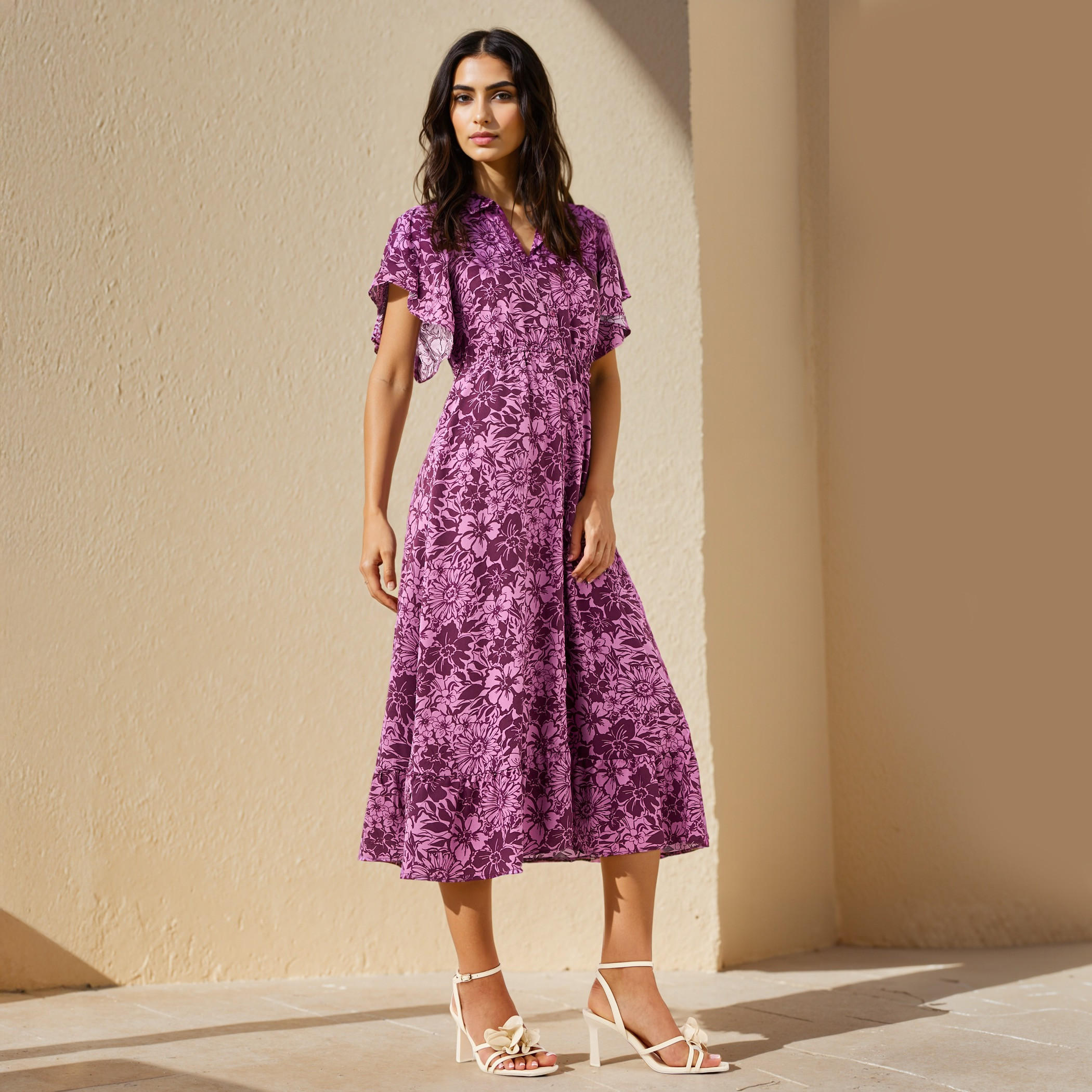 فستان قميص رايون ميدي بأكمام واسعة وطبعات زهرية-women-clothing-dresses-image-2