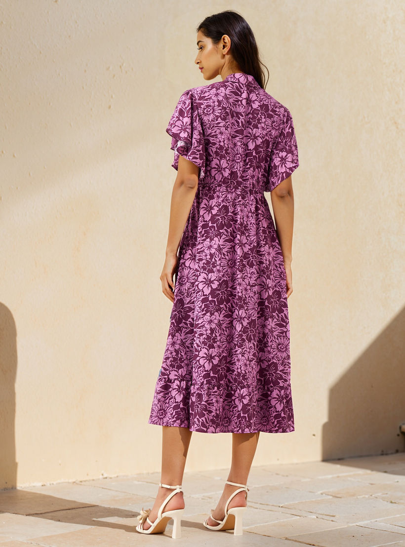 فستان قميص رايون ميدي بأكمام واسعة وطبعات زهرية-women-clothing-dresses-image-3