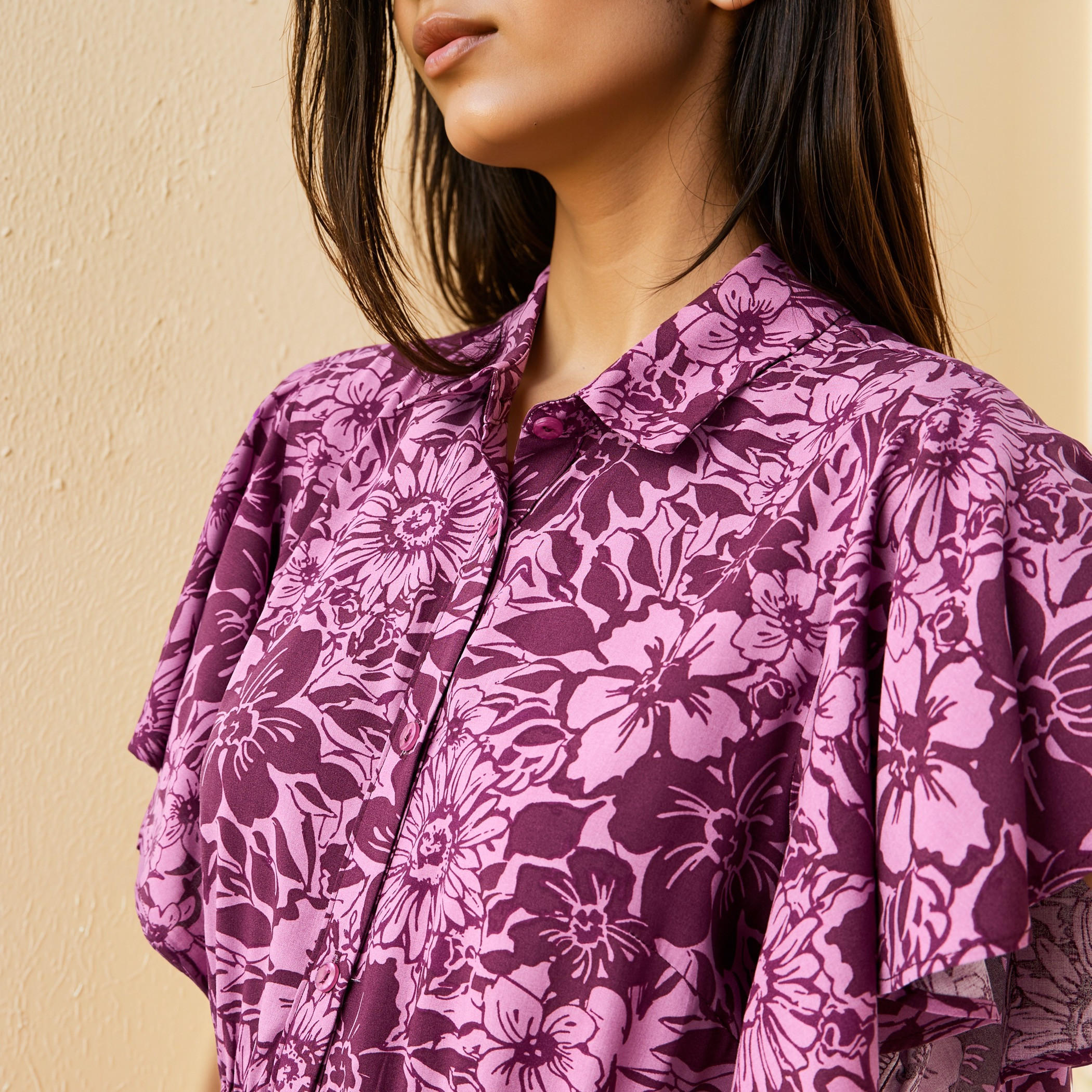 Floral Print Midi Shirt Rayon Dress with Flutter Sleeves-women-clothing-dresses-image-4