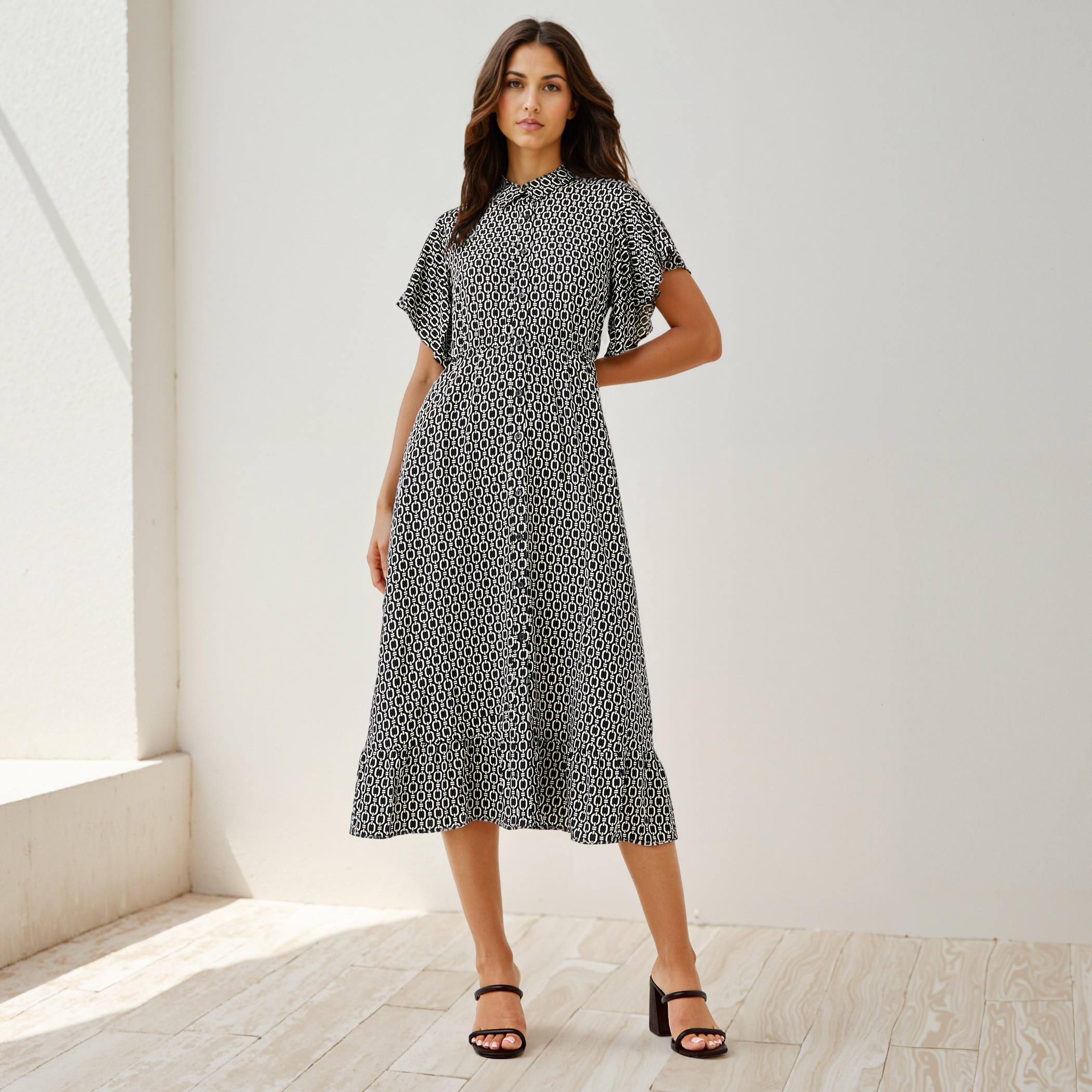 Printed Midi Shirt Rayon Dress with Flutter Sleeves-women-clothing-dresses-image-1