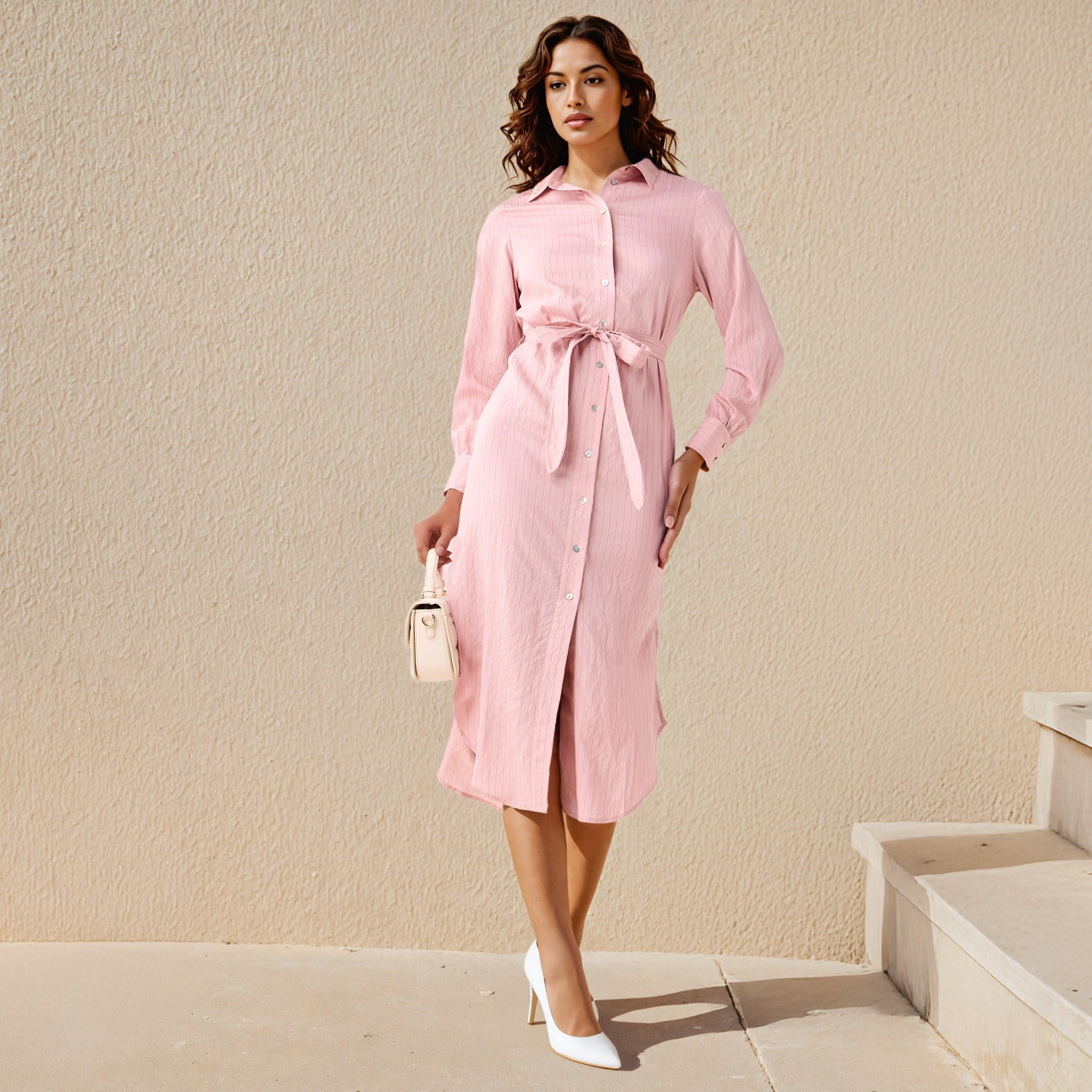 Striped Midi Shirt Dress with Belt-women-clothing-dresses-image-1