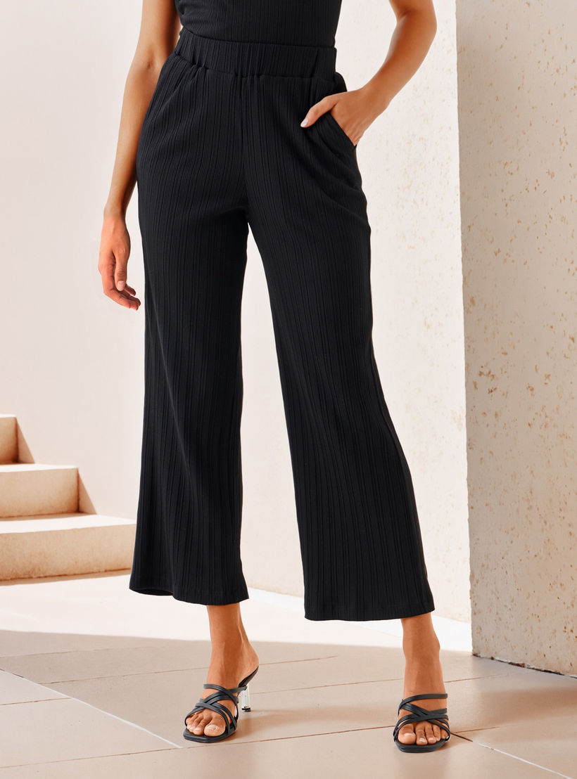 بنطلون واسع الساقين مضلع بخصر مطاطي وجيوب-women-clothing-coordsets-image-1