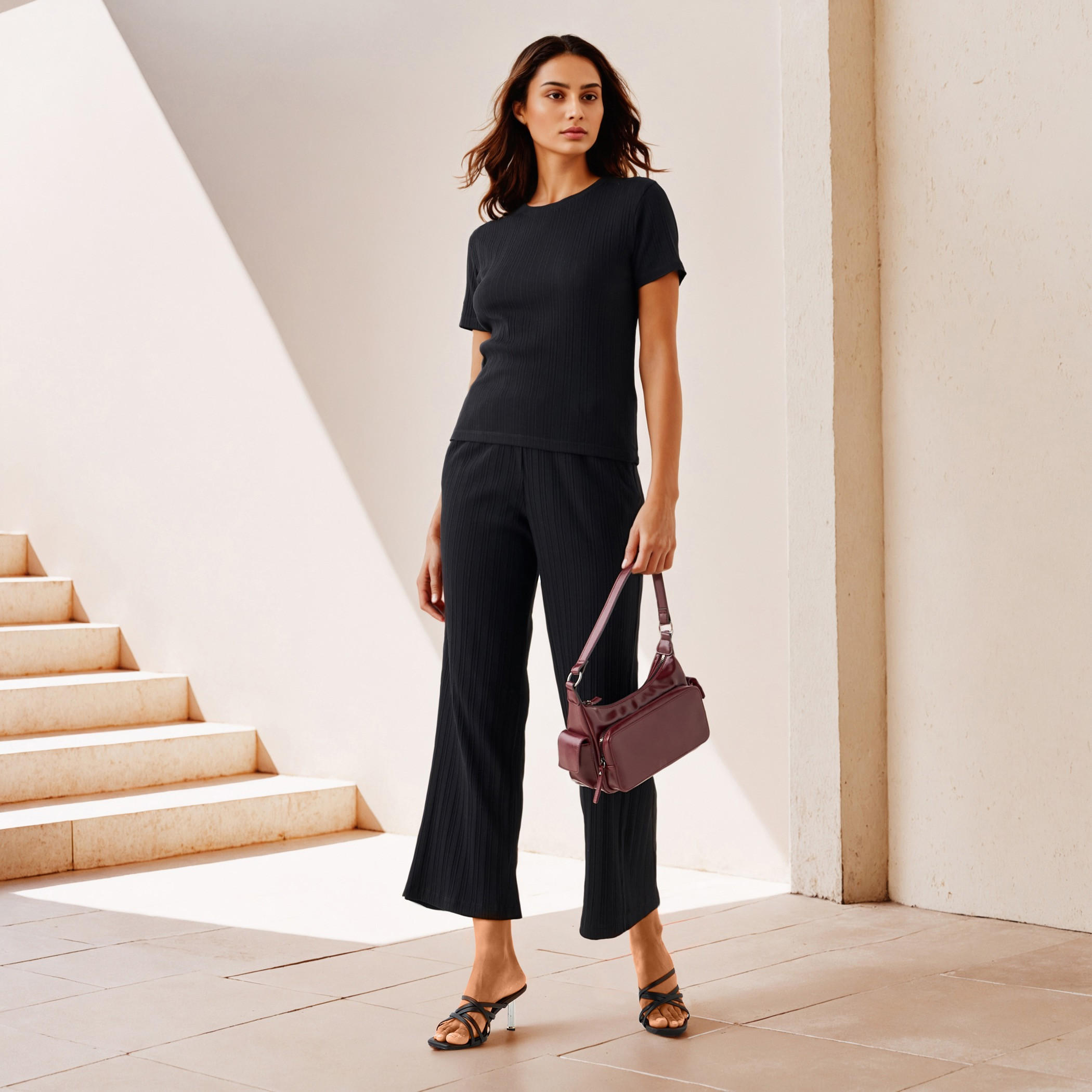 بنطلون واسع الساقين مضلع بخصر مطاطي وجيوب-women-clothing-coordsets-image-2