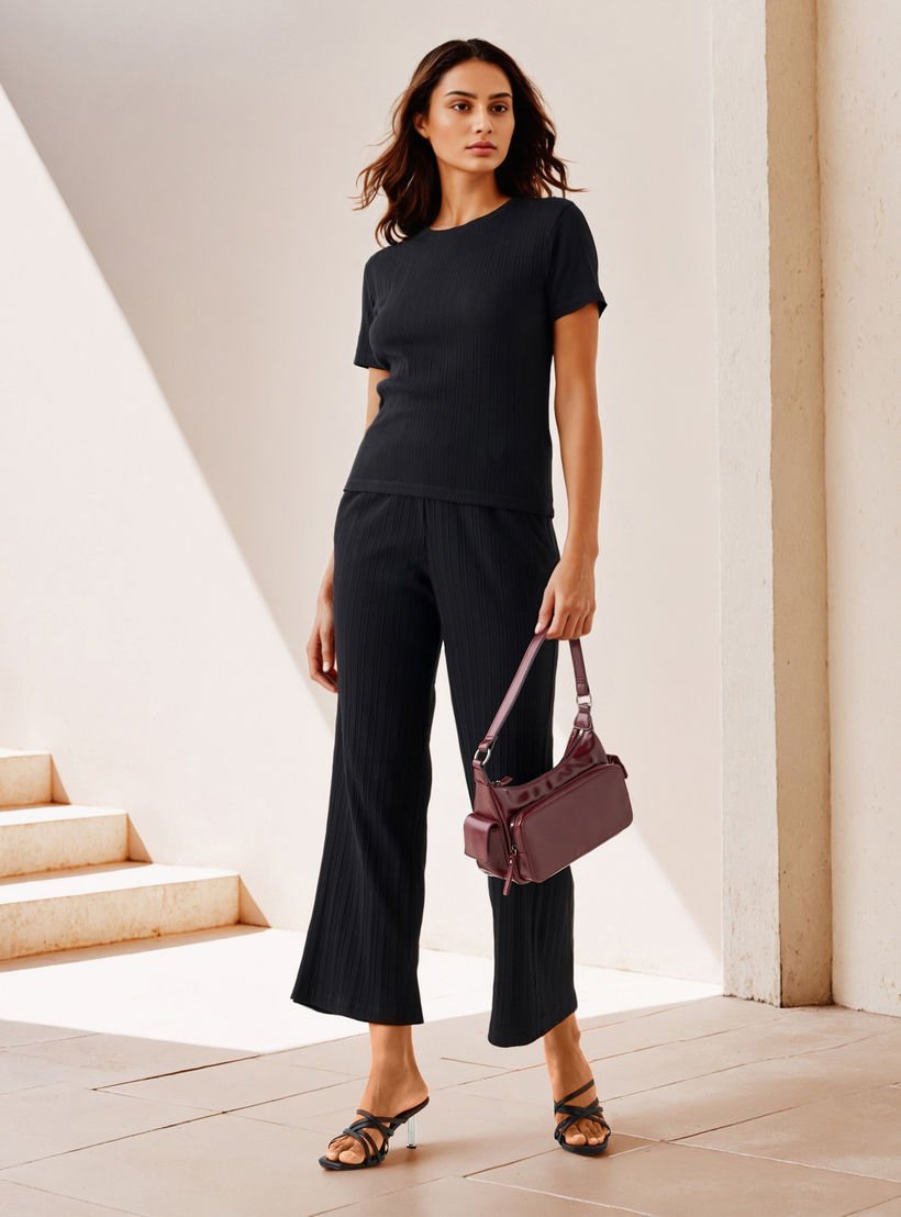 بنطلون واسع الساقين مضلع بخصر مطاطي وجيوب-women-clothing-coordsets-image-2