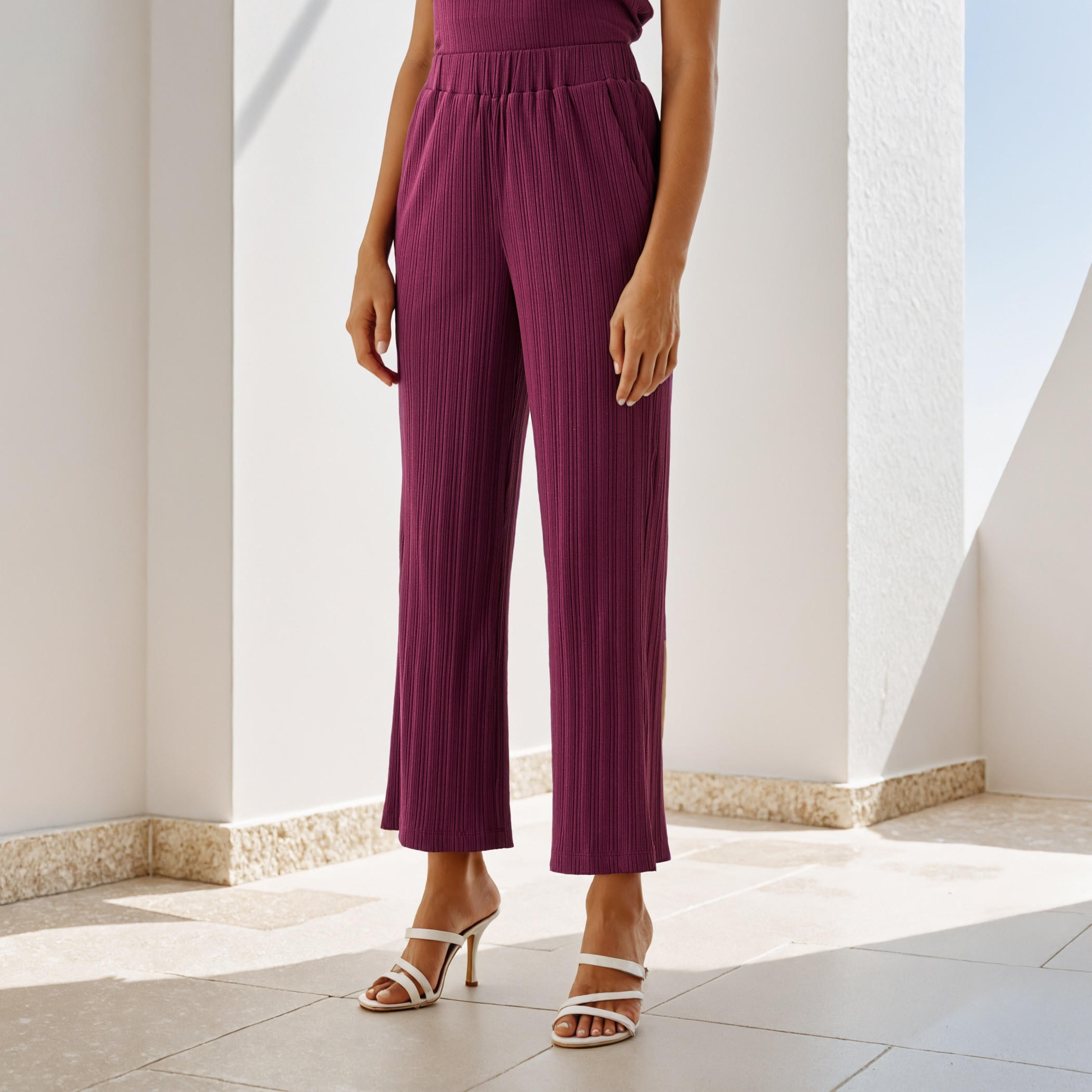 Ribbed Wide Leg Flexi Waist Pants with Pockets-women-clothing-coordsets-image-1