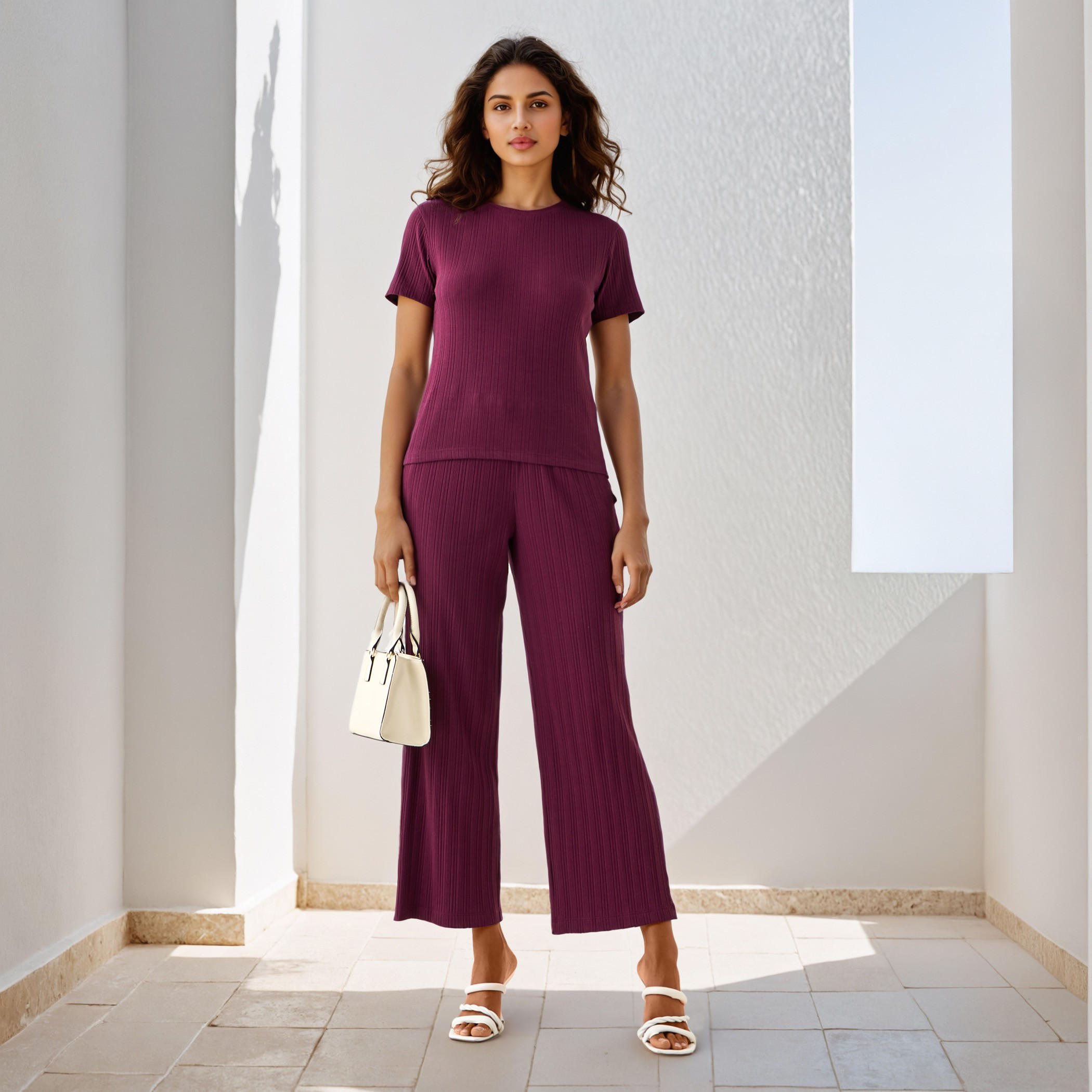 Ribbed Wide Leg Flexi Waist Pants with Pockets-women-clothing-coordsets-image-2