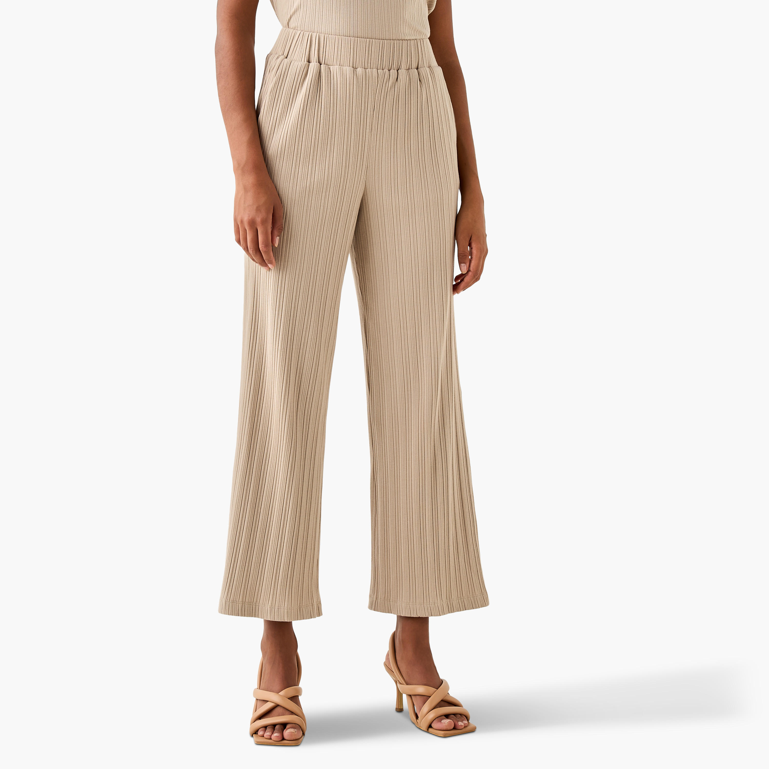 Ribbed Wide Leg Flexi Waist Pants with Pockets-women-clothing-coordsets-image-1