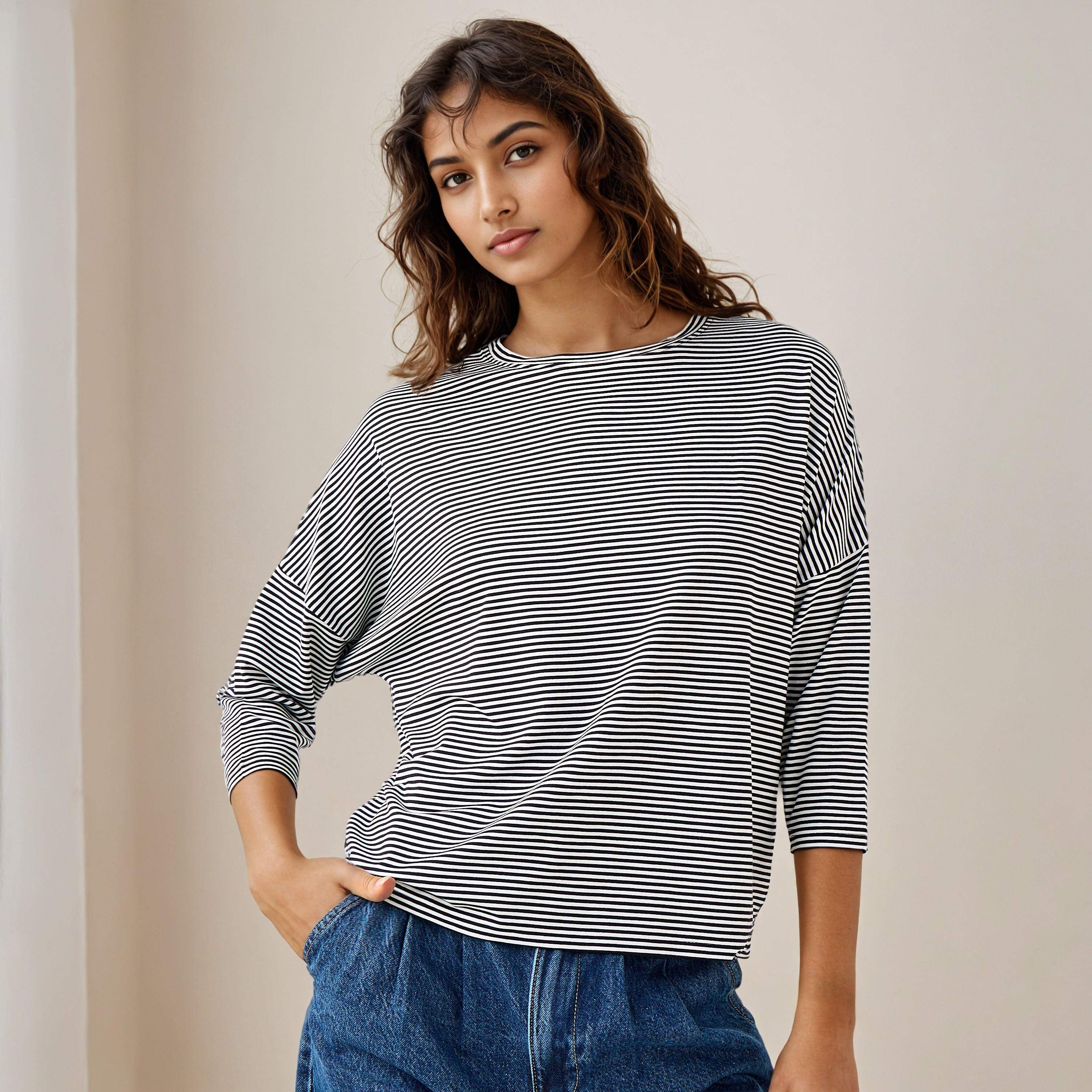Striped T-shirt with Drop Shoulder Sleeves-women-clothing-tshirts-image-1
